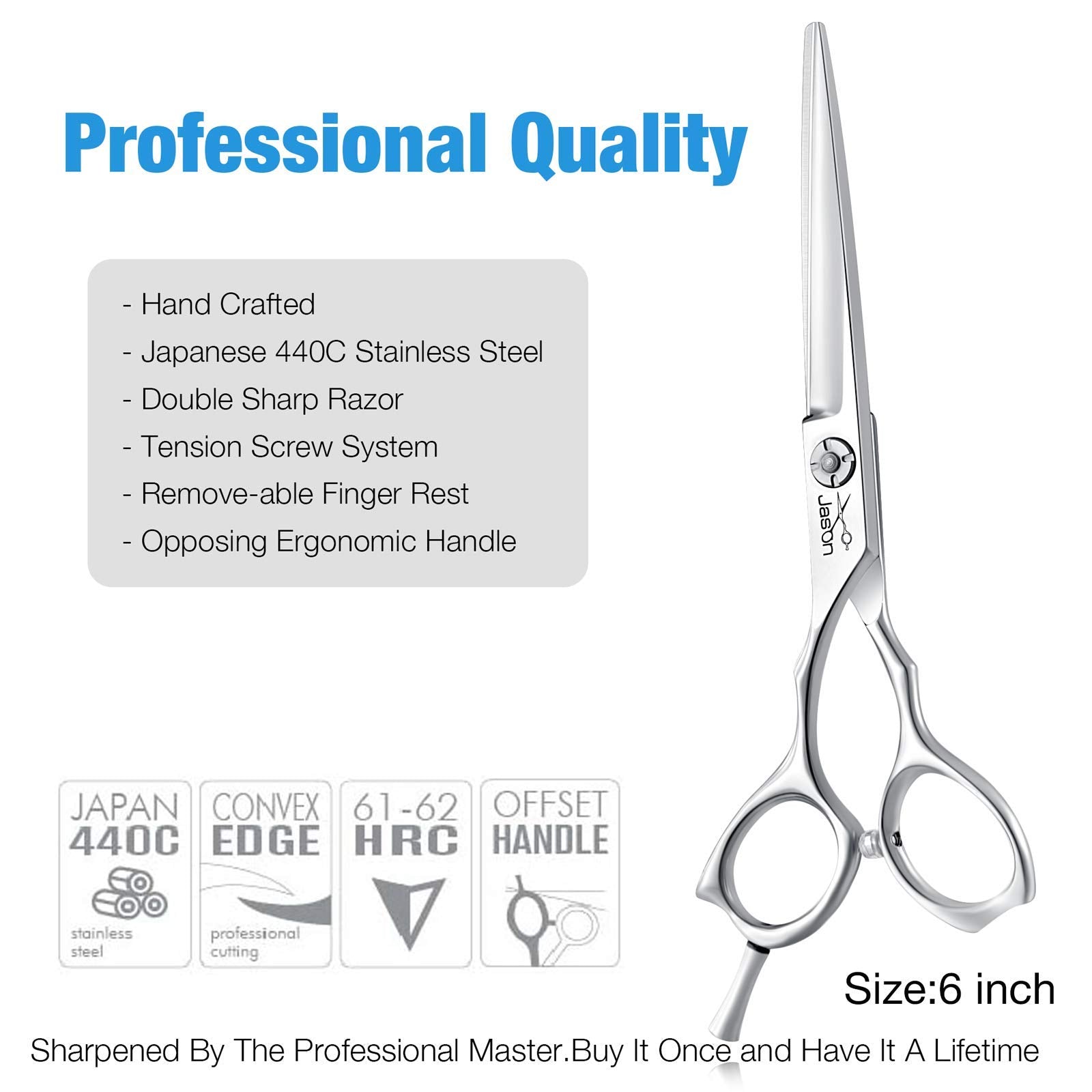 JASON 6 Inch Left Handed Barber Scissors, Professional Japanese Stainless Steel Hair Shears, Model Lifa15-Z.J, Straight Color
