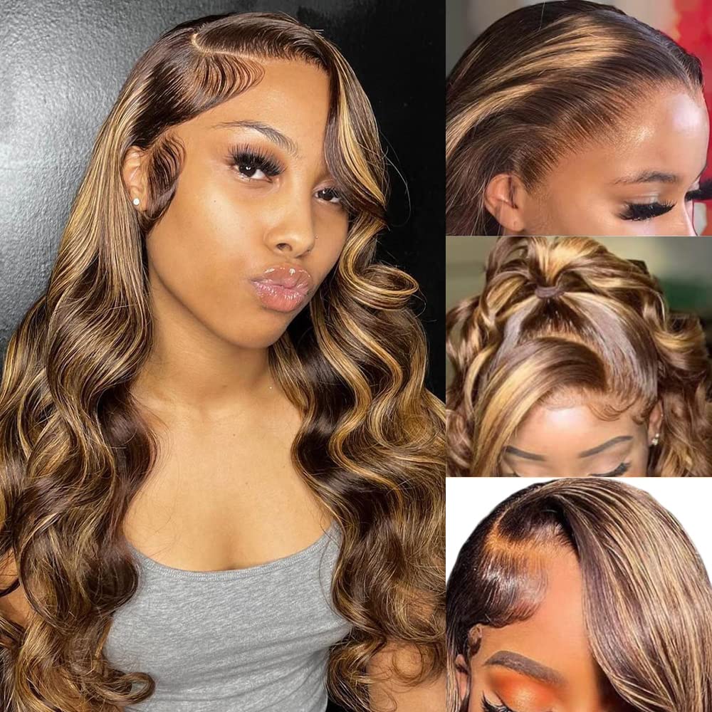 Avolo Ombre Highlight Lace Front Wig Human Hair Pre Plucked HD 13x4 Honey Blonde Lace Frontal Wigs with Baby Hair 4/27 Colored B