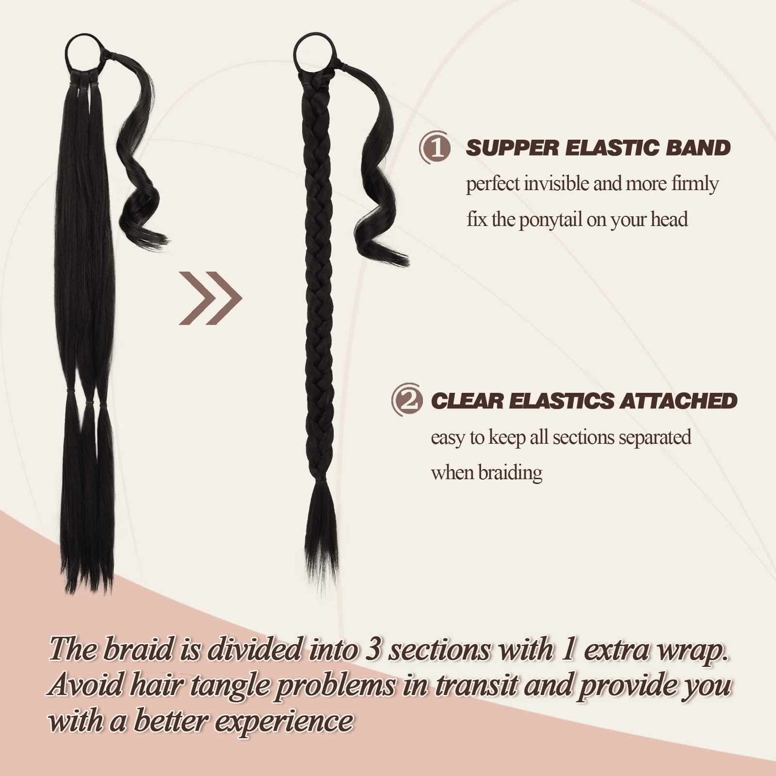 Barsdar 30 Inch Long Braided Ponytail Extension With Hair Tie - Straight Sleek Wrap Around Black Braided Ponytail Hair Extension