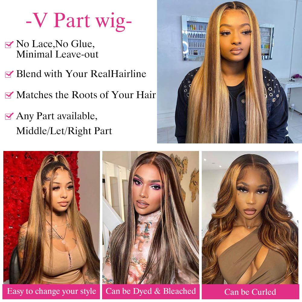 Pobokix Highlight Ombre V Part Wigs Human Hair Straight Balayage Blonde V Part Human Hair Wigs 180% Density Glueless Full Head C