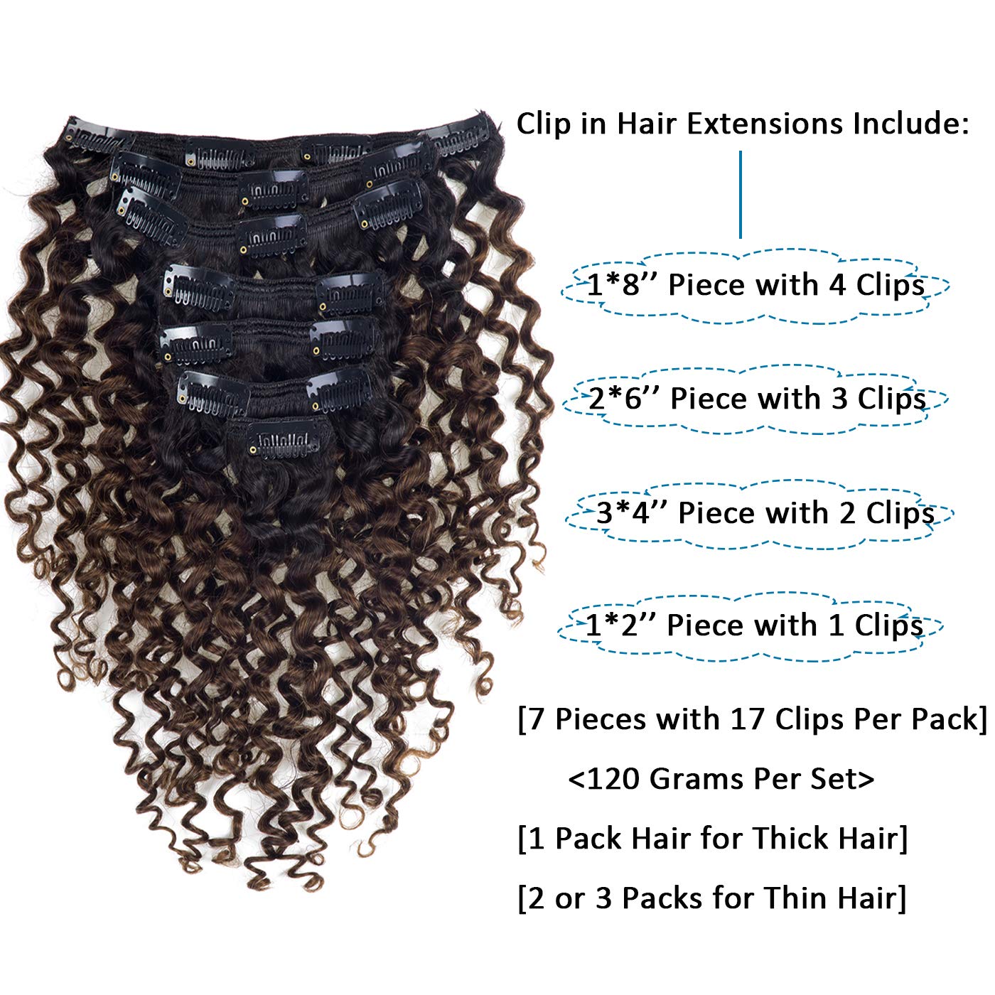 Caliee 14Inch Curly Clip In Hair Extensions Real Human Hair 3 B 3C Natural Black Fading Into Dark Brown Ombre Double Weft Real R