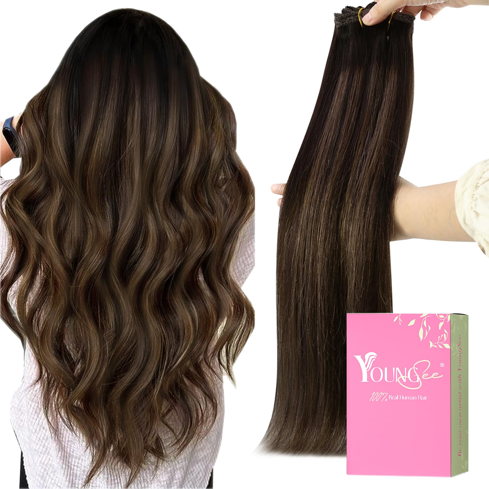 YoungSee 135G Clip in Hair Extensions Balayage Clip in Hair Extensions Real Human Hair Dark Brown Mix Medium Brown Highlights Ba