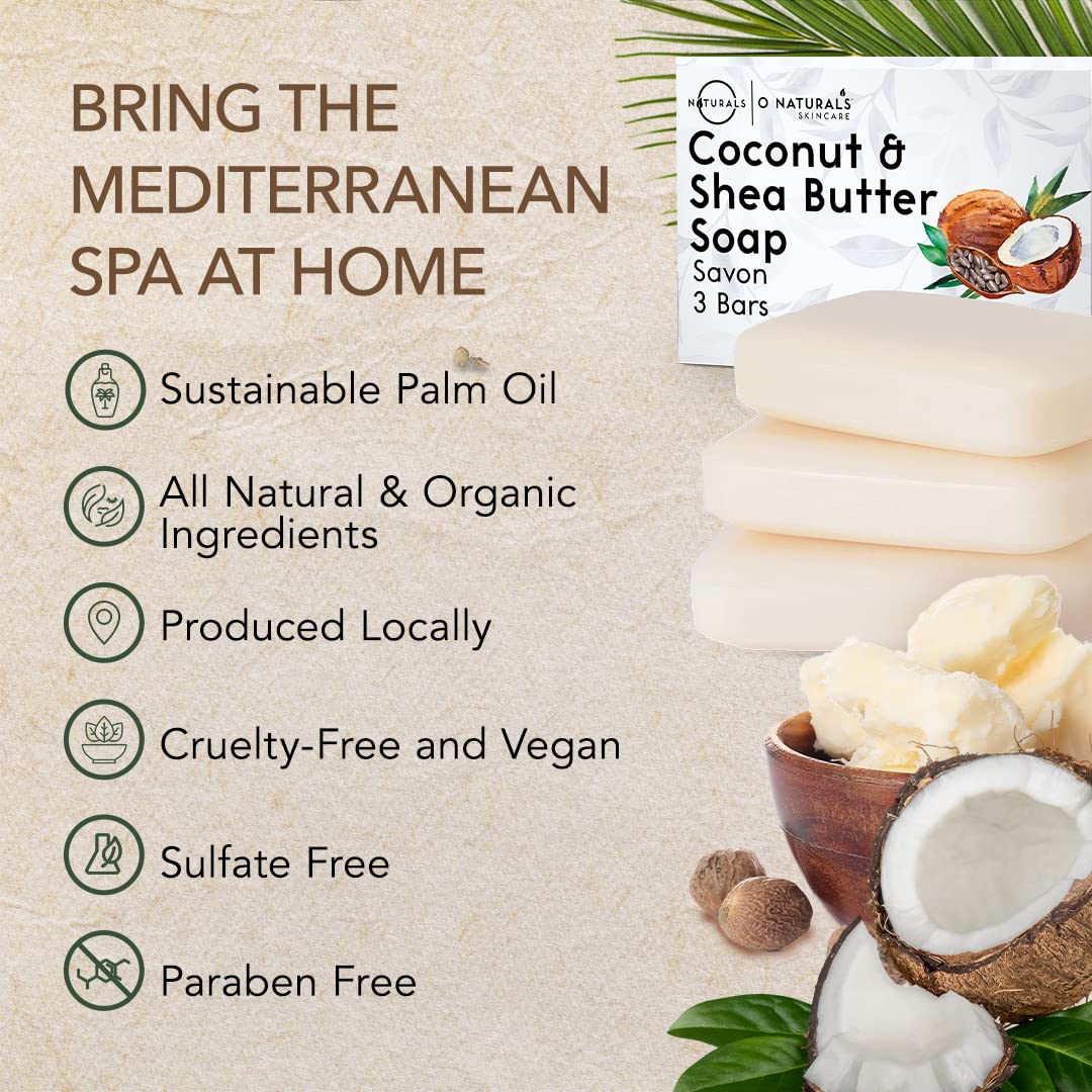 O Naturals 3-Pack Organic Coconut & Shea Butter Soap Bar 4oz each Set - 100% Vegan Cold Process Scented Premium Essential Handma