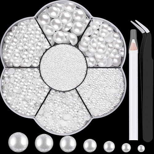 Nail Art Flat Back Half Round Pearl Kits 3, 1 Box of 5600 Pcs Flat-Back White Pearl with Tweezer and Picker Pencil for Home DIY