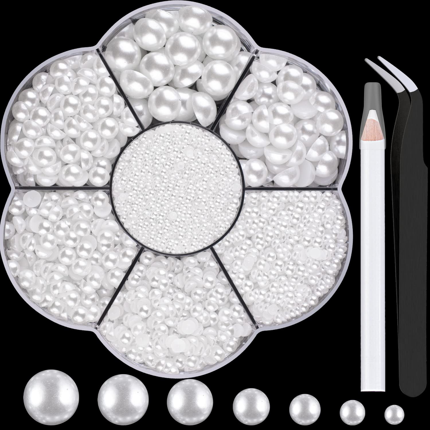 Nail Art Flat Back Half Round Pearl Kits 3, 1 Box of 5600 Pcs Flat-Back White Pearl with Tweezer and Picker Pencil for Home DIY