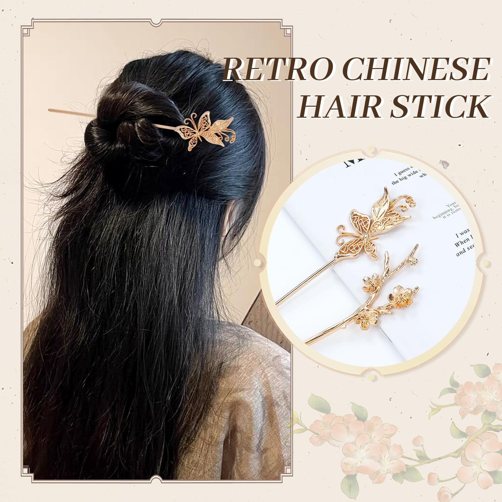 Lawie 10 Pack Gold Hair Sticks Flower Leaf Decorative Metal Long Hair Pins Bun Holders Chopsticks For Hair Chinese Hanfu Costume