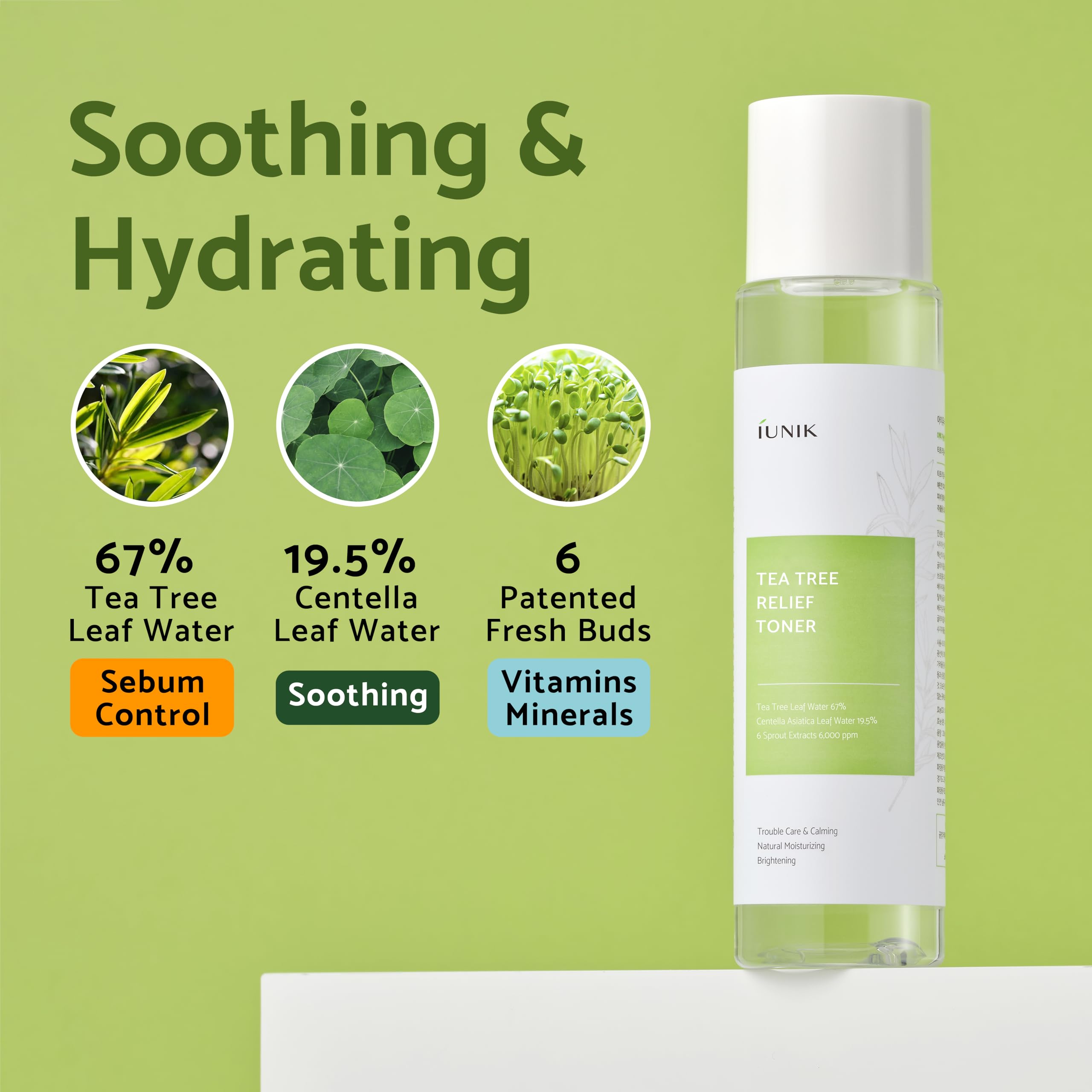 IUNIK Tea Tree Relief Vegan Face Toner - Facial Moisturizer Acne-Prone Irritated Skin w Tea Tree 67% Centella Asiatica 19.5% 6.7