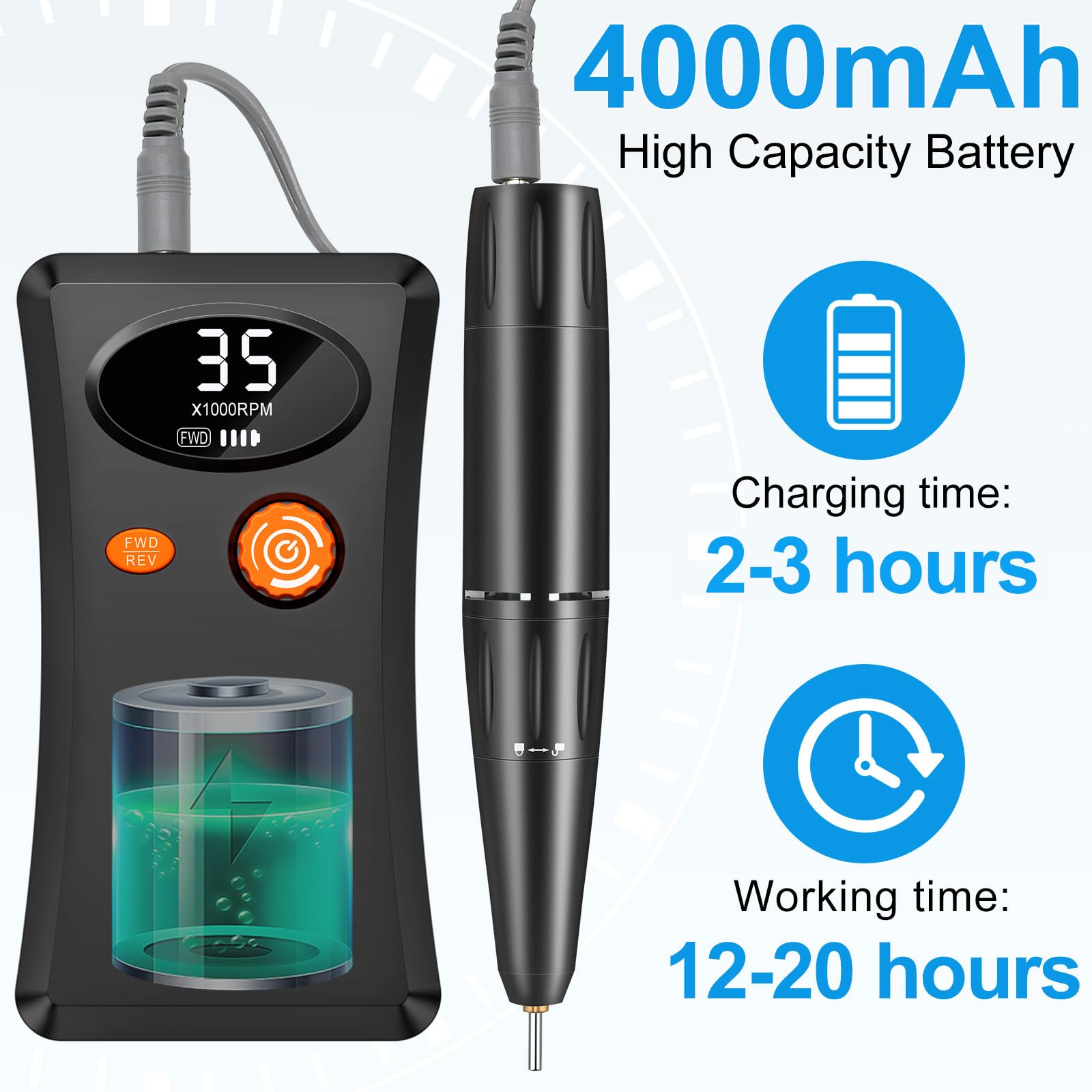 Electric Nail Drill, Urbuti 35000Rpm Professional Nail Drill Machine, Portable Rechargeable File Machine Set For Acrylic Gel Nai