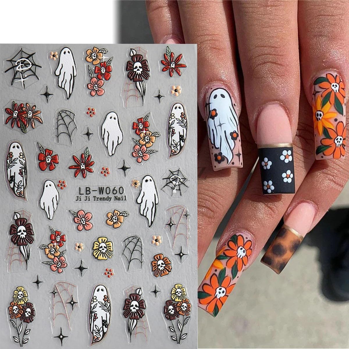 Halloween Nail Art Stickers Decals 5Pcs Halloween Cute Ghost Flower Nail Stickers Skull Strawberry Spider Flower Nail Designs 5D