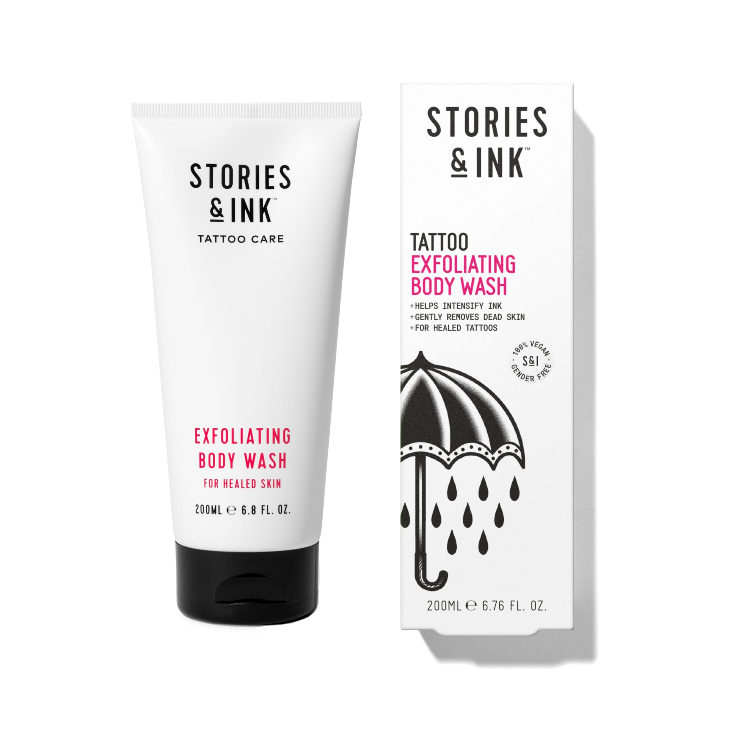 Stories & Ink Tattoo Aftercare | EXFOLIATING BODY WASH - Body Scrub Removes Dead & Dull Skin, Brightens Healed Tattoos, 200 mL /