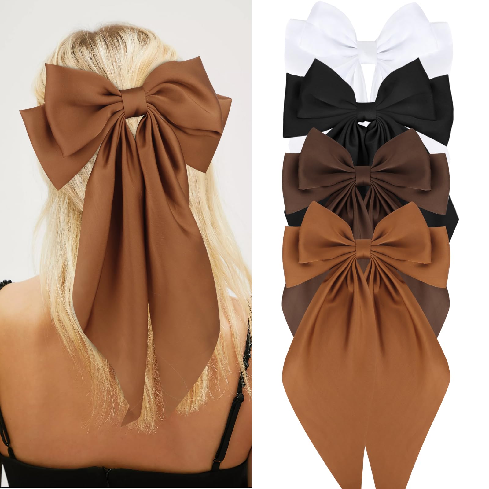 Wecoe 4pcs Women's Hair Accessories Set: Brown, Coffee, Black, White Satin Large Bows with Long Tail - Cute Barrettes, Clips for