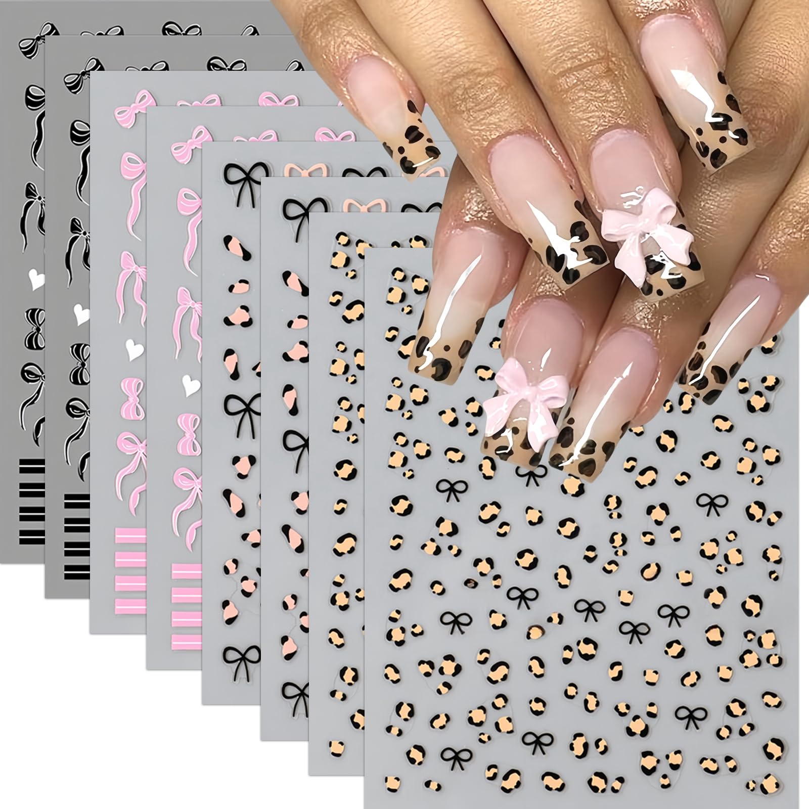 8Pcs Leopard Print Nail Art Stickers 3D Self-Adhesive Black Pink Bow-Knot Nail Decals Cute Tiny Bow French Line Nail Design Supp