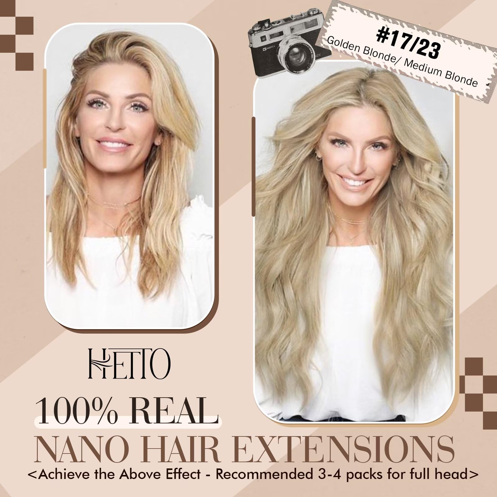 Hetto Nano Link Hair Extensions Human Hair #17/23 Ash Blonde Mixed Medium Blonde Nano Beads Human Hair Extensions 18 Inch Real H