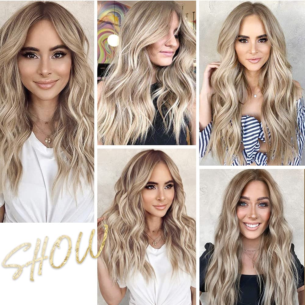 EMMOR Long Ombre Blonde Lace Front Wig for Women,25 Inch Natural Wavy Daily Hair Synthetic Lace Wigs Middle Part,Hand Tied/Longl