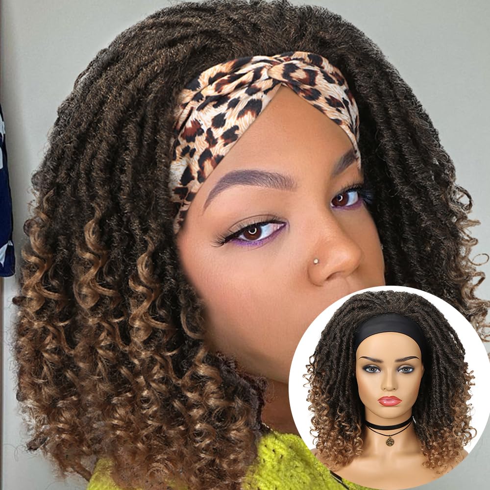 Czrleaty Dreadlock Braided Wigs with Headband Synthetic Goddess Faux Locs Hair Wig with Curly Ends Freetress Twist Crochet Hair Wigs For Black Women and Men (Ombre/27, Heandband)