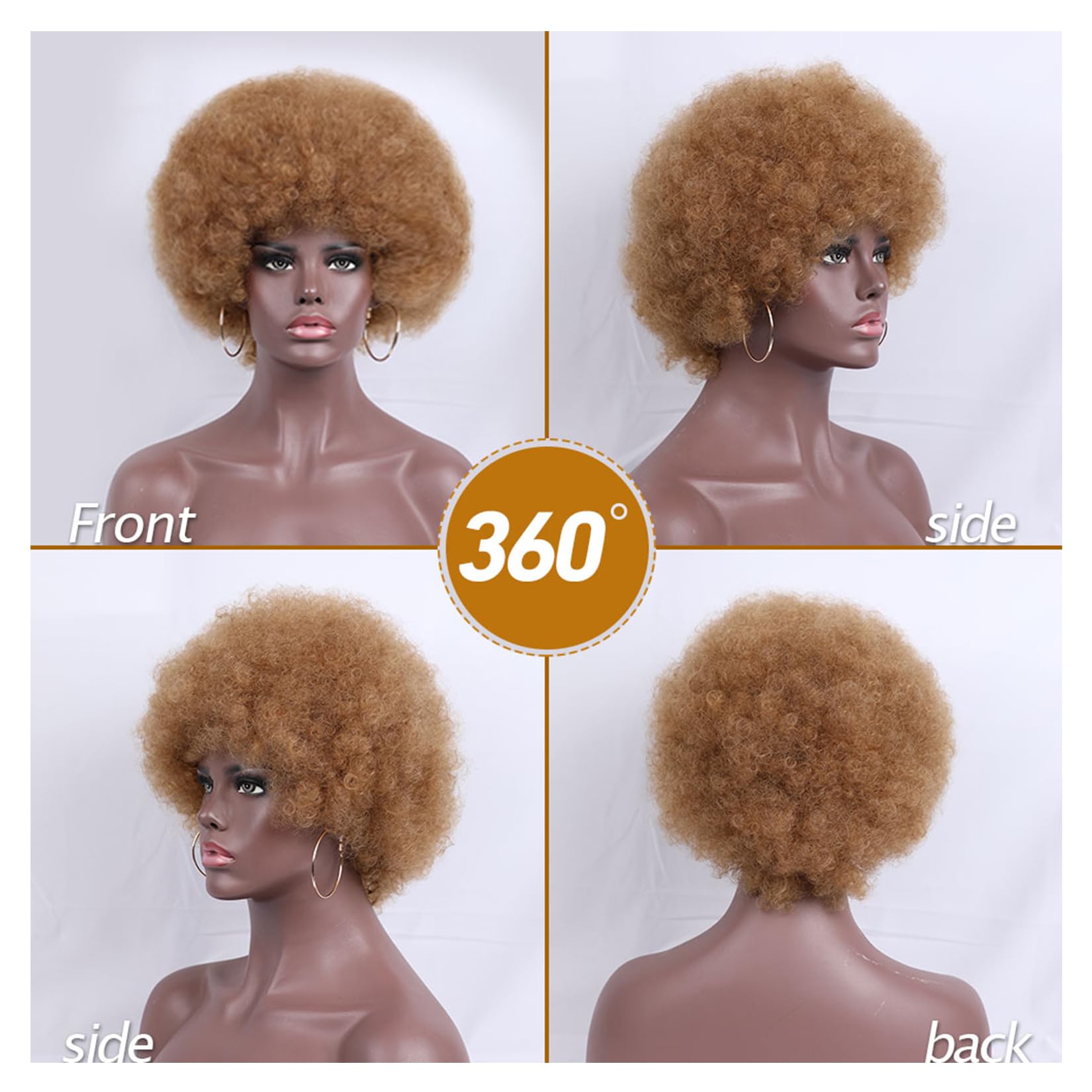 Kavsni Wig 70'S Curly Wigs For Black Women Large Bouncy Fluffy And Soft Natural Looking Afro Kinky Wig 8 Inches (Gold Hoop Earri