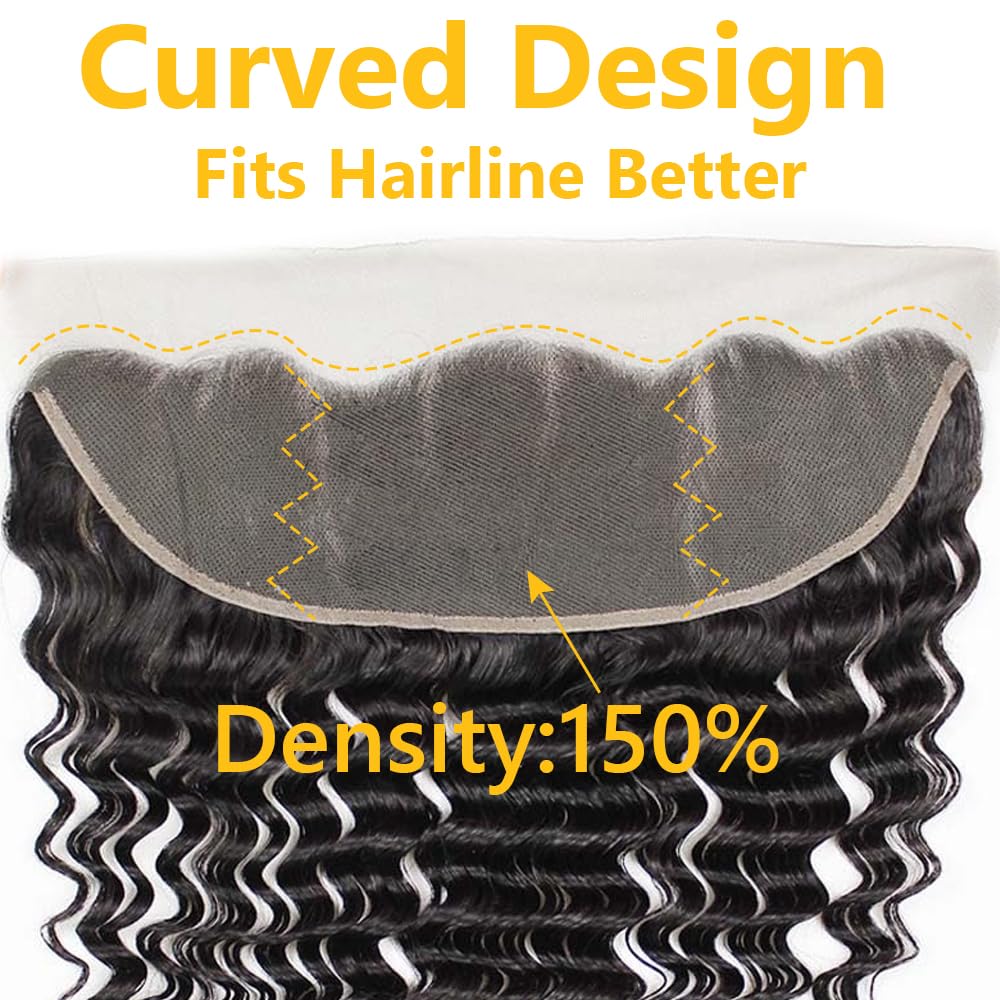 Qthair 10A Ear To Ear 13X4 Deep Wave Frontal Closure Brazilian Hair(18'',Natural Black) Brazilian Deep Wave Frontal Closure Top