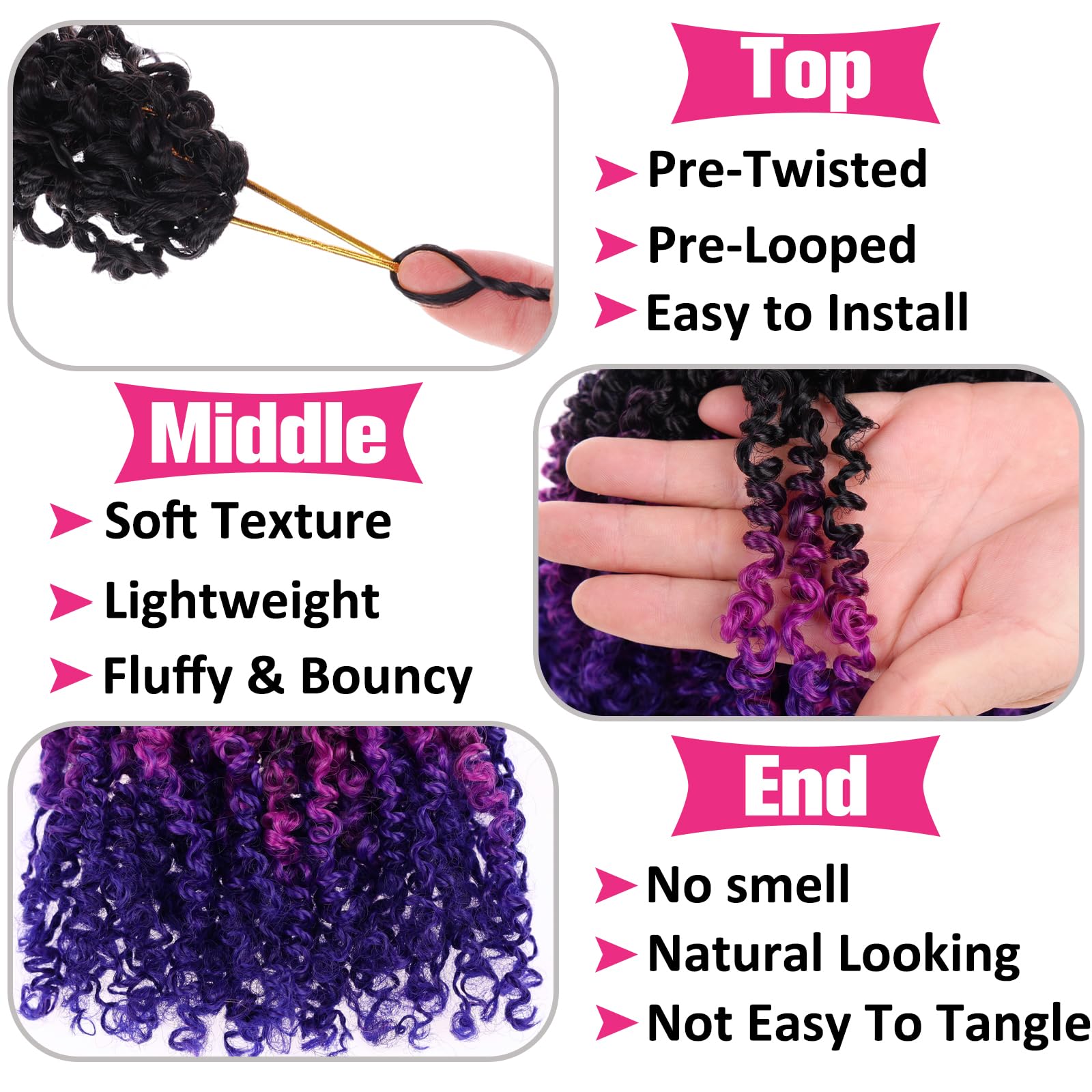 Union Beauty Crochet Hair 8 Inch Passion Twist 8 PCS Ombre Black Purple Blue Synthetic Extensions