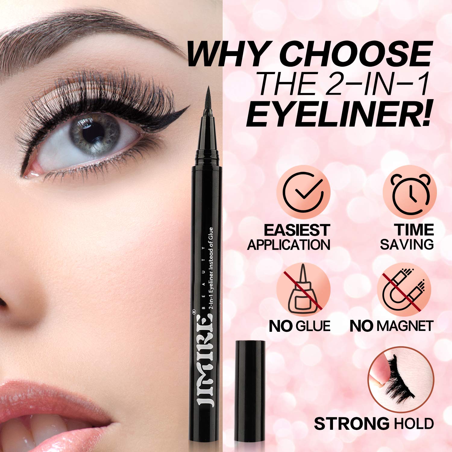 Jimire 2-In-1 Eyeliner Instead Of Glue, Magic Eyeliner | Extra Strong Hold For False Eyelashes | No Magnet & No Glue Needed | On