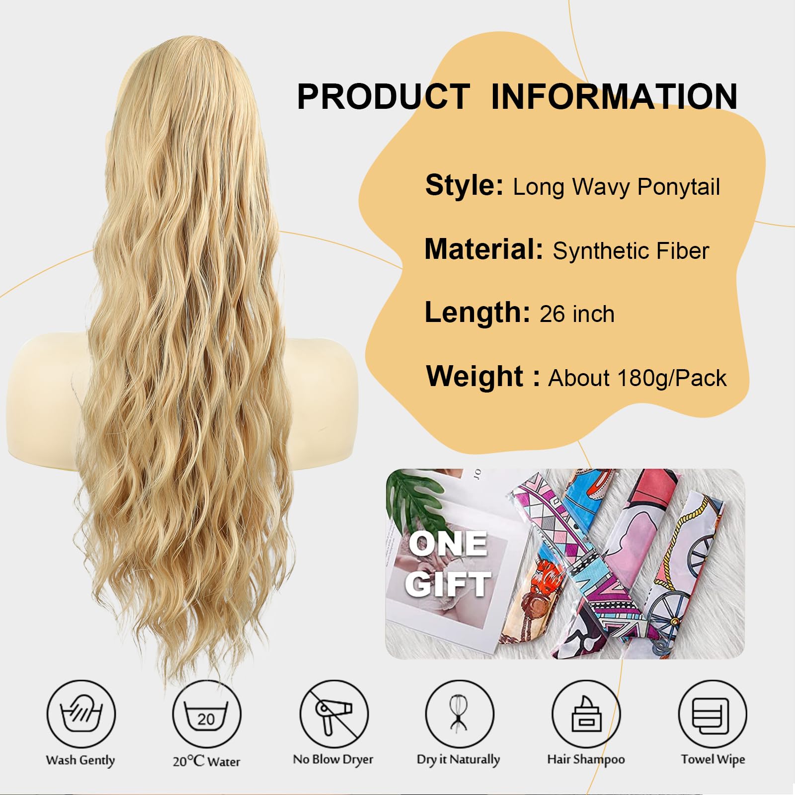 Freemeige Blonde Ponytail Extension Long Wavy Drawstring Ponytail Hair Extension Clip In Ponytail Extension For Women Synthetic