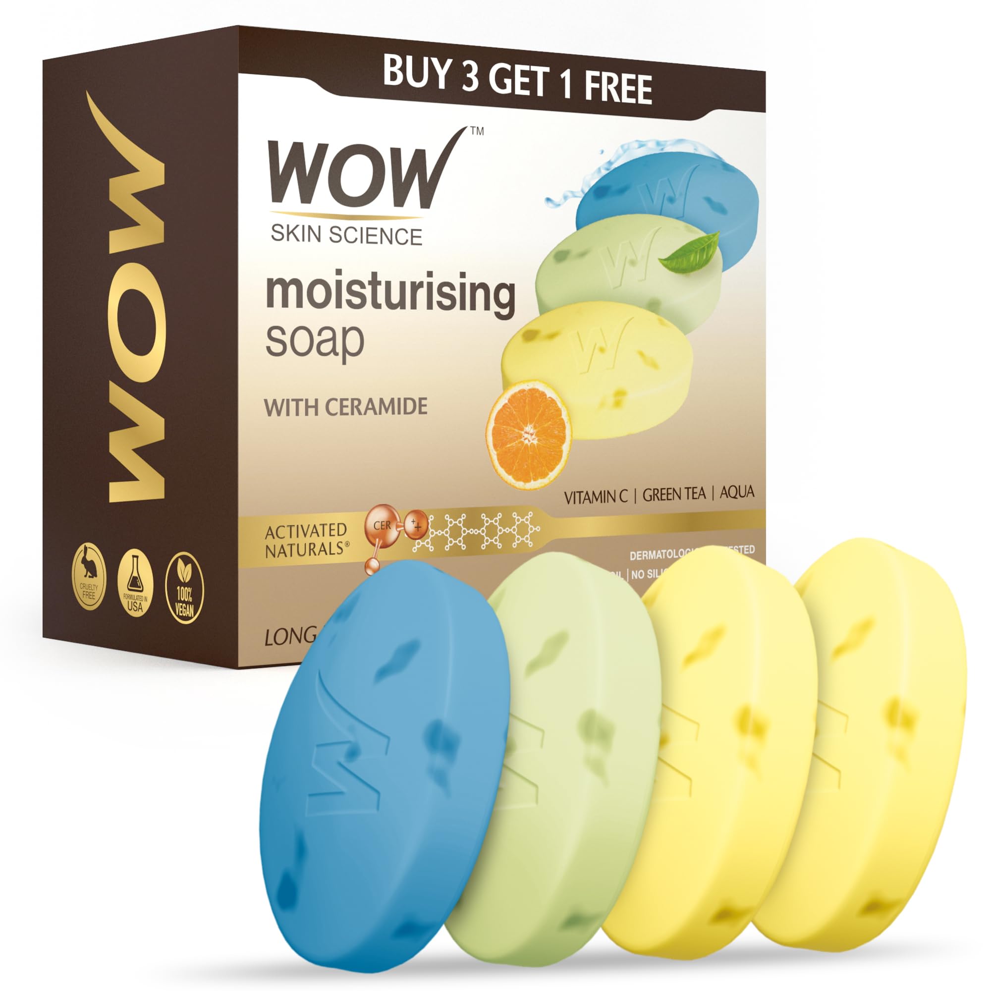 Wow Skin Science Moisturising Soaps With Ceramide | Vitamin C, Green Tea, Aqua | Long-Lasting Moisturisation | No Paraben Soaps 