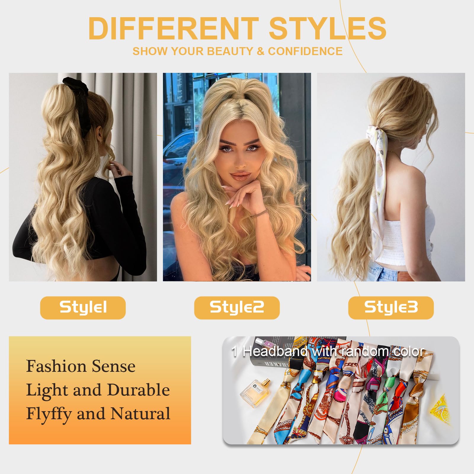 Freemeige Blonde Ponytail Extension Long Wavy Drawstring Ponytail Hair Extension Clip In Ponytail Extension For Women Synthetic