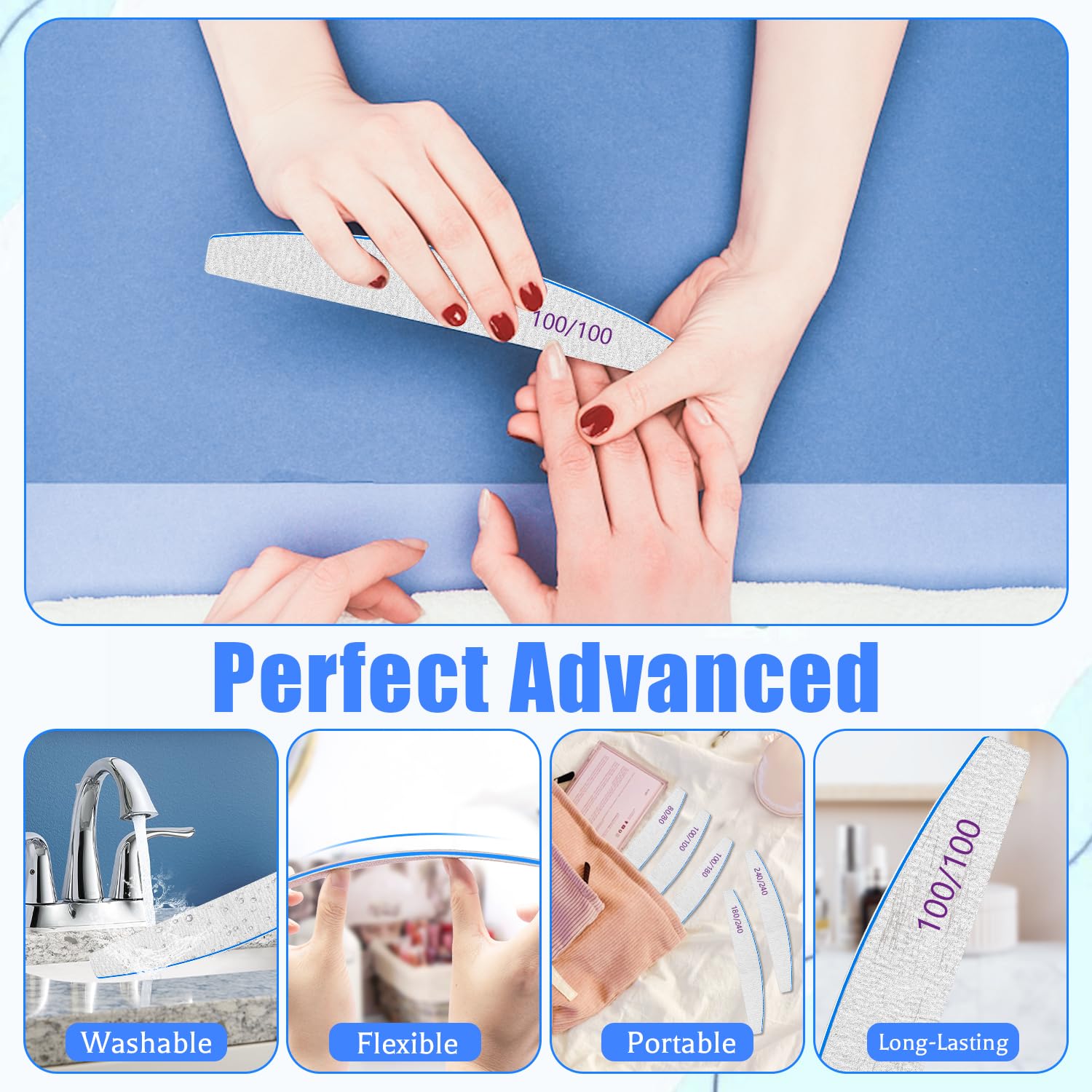 12 Pcs Nail Files For Acrylic Nails, 100/100 Grit Nail File For Poly Nail Extension Gel Emery Boards Nail Files Doubled Sides Co