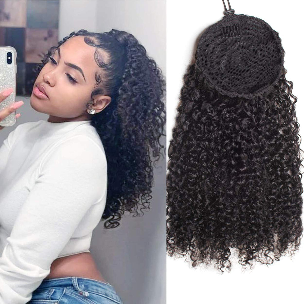 WENYU Kinky Curly Human Hair Drawstring Ponytail For Black Women 8A Brazilian Virgin Kinkys Curly Clip In Ponytail Extension Hum