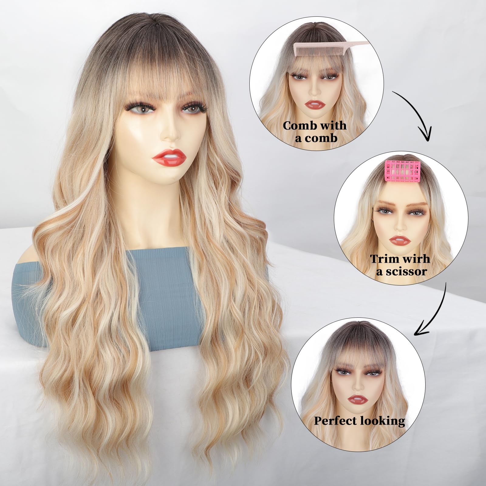 Lativ Ombre Blonde Wig With Bangs Long Wavy Curly Blonde Wig With Dark Roots Heat Resistant Synthetic Wigs For Women Daily Use 2