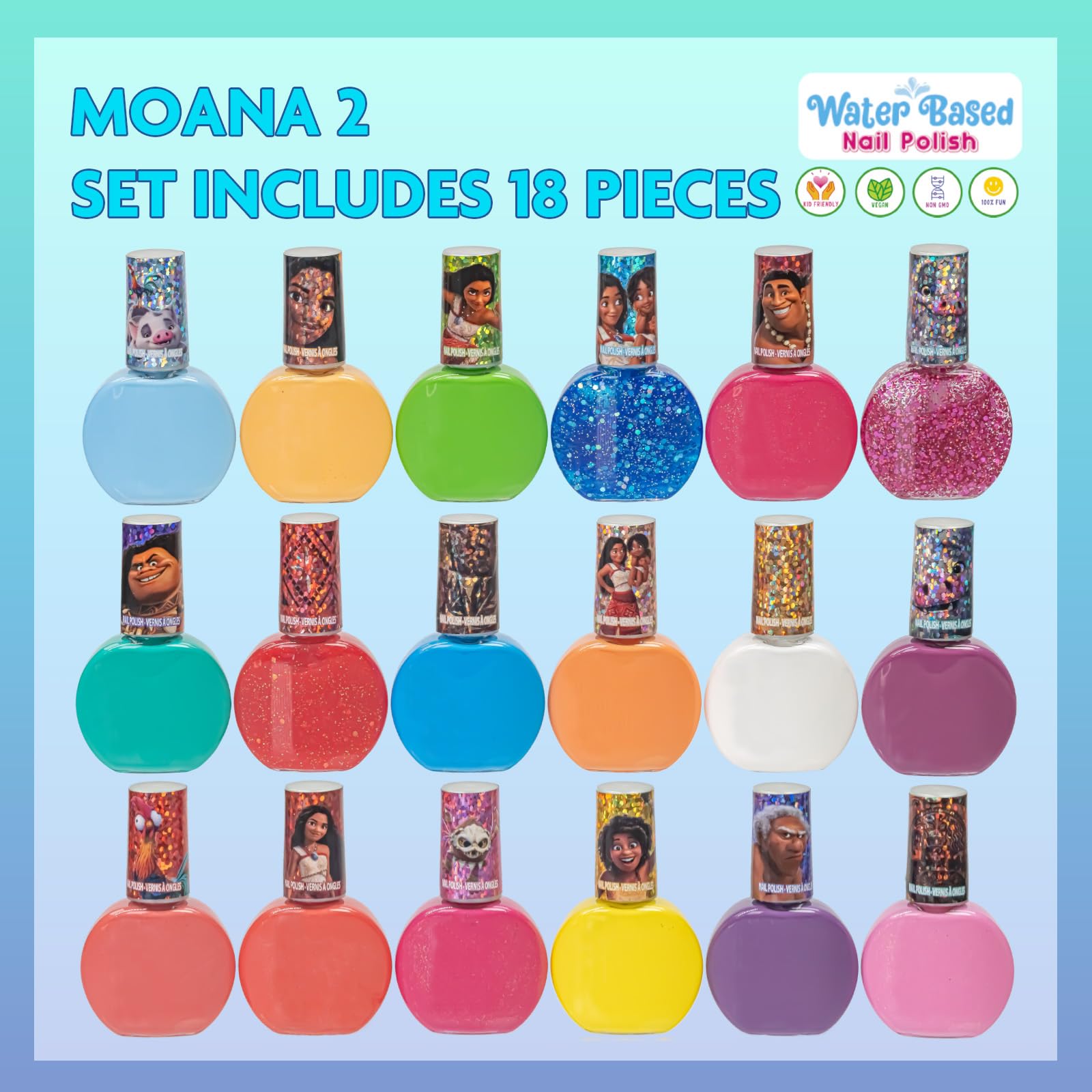 Townley Girl Disney Moana 18 Piece Water-Based Nail Polish Set, Quick Dry And Peels-Off, Nail Paint Set For Girls, Perfect For P