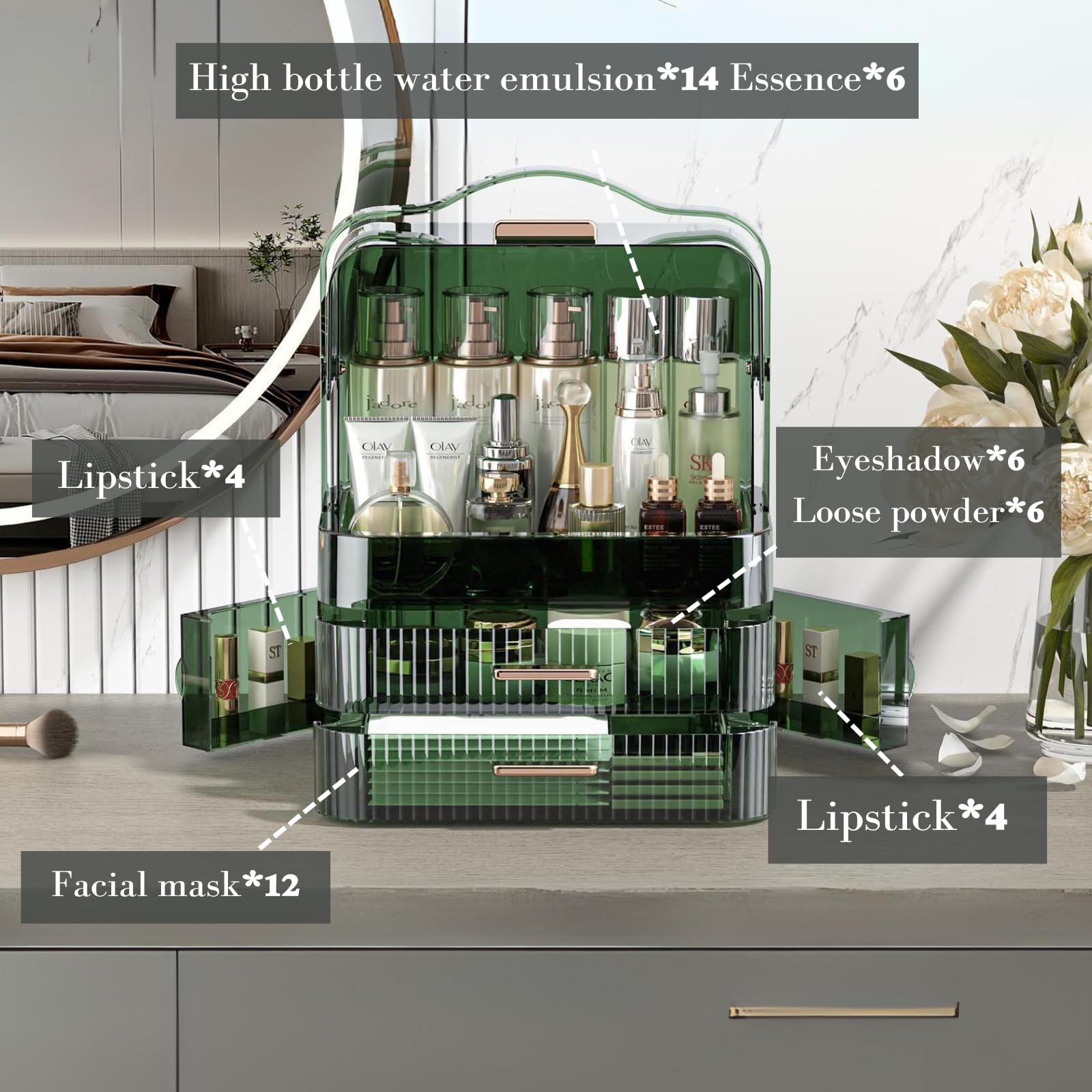Linfidite Cosmetics Storage Box Transparent Lid Large Makeup Organizer Box Drawers Portable Handle Waterproof Dustproof Skincare