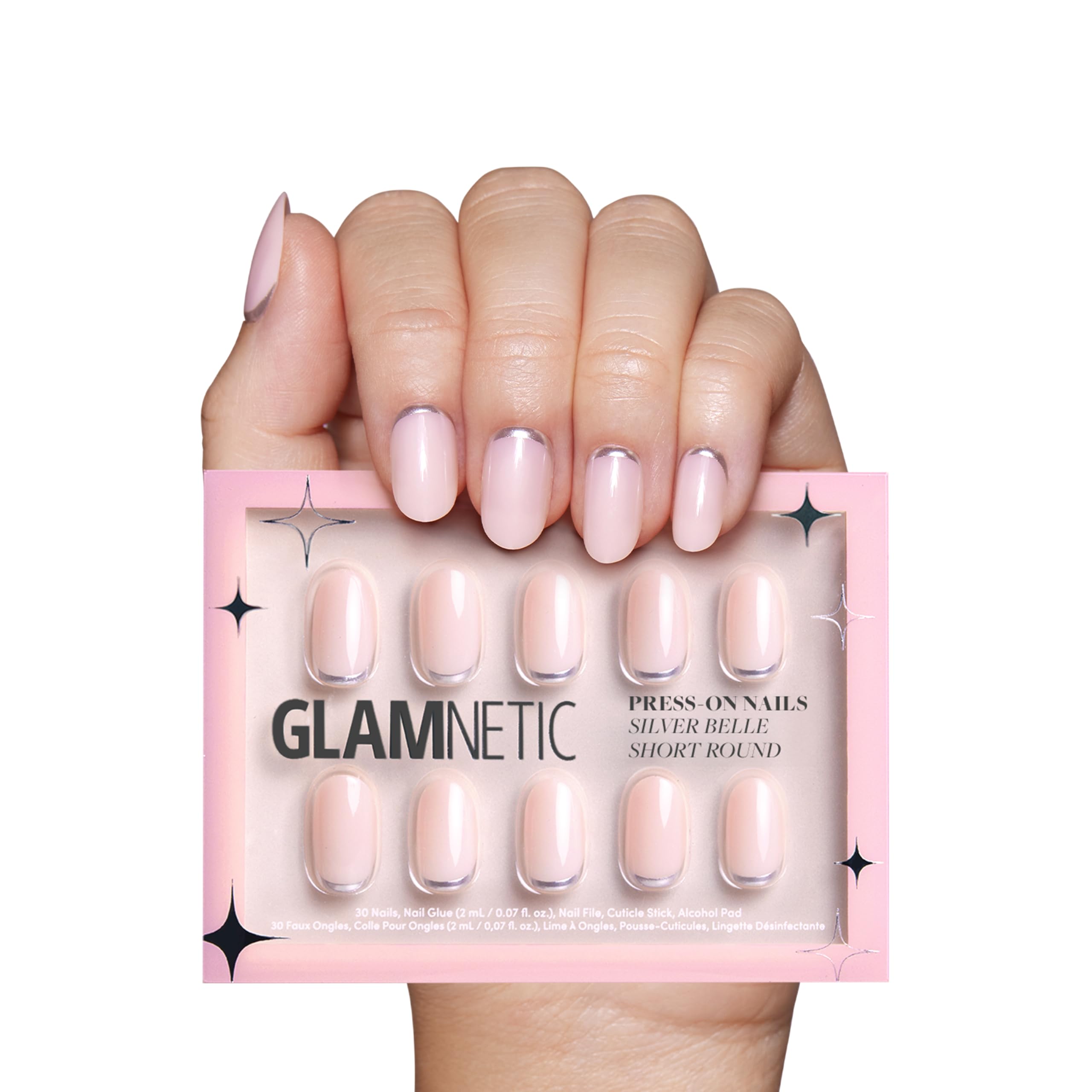 Glamnetic Press On Nails - Silver Belle | Short Round Natural Base Nails with 3D Silver Foil in a Glossy Finish | 12 Sizes - 30 