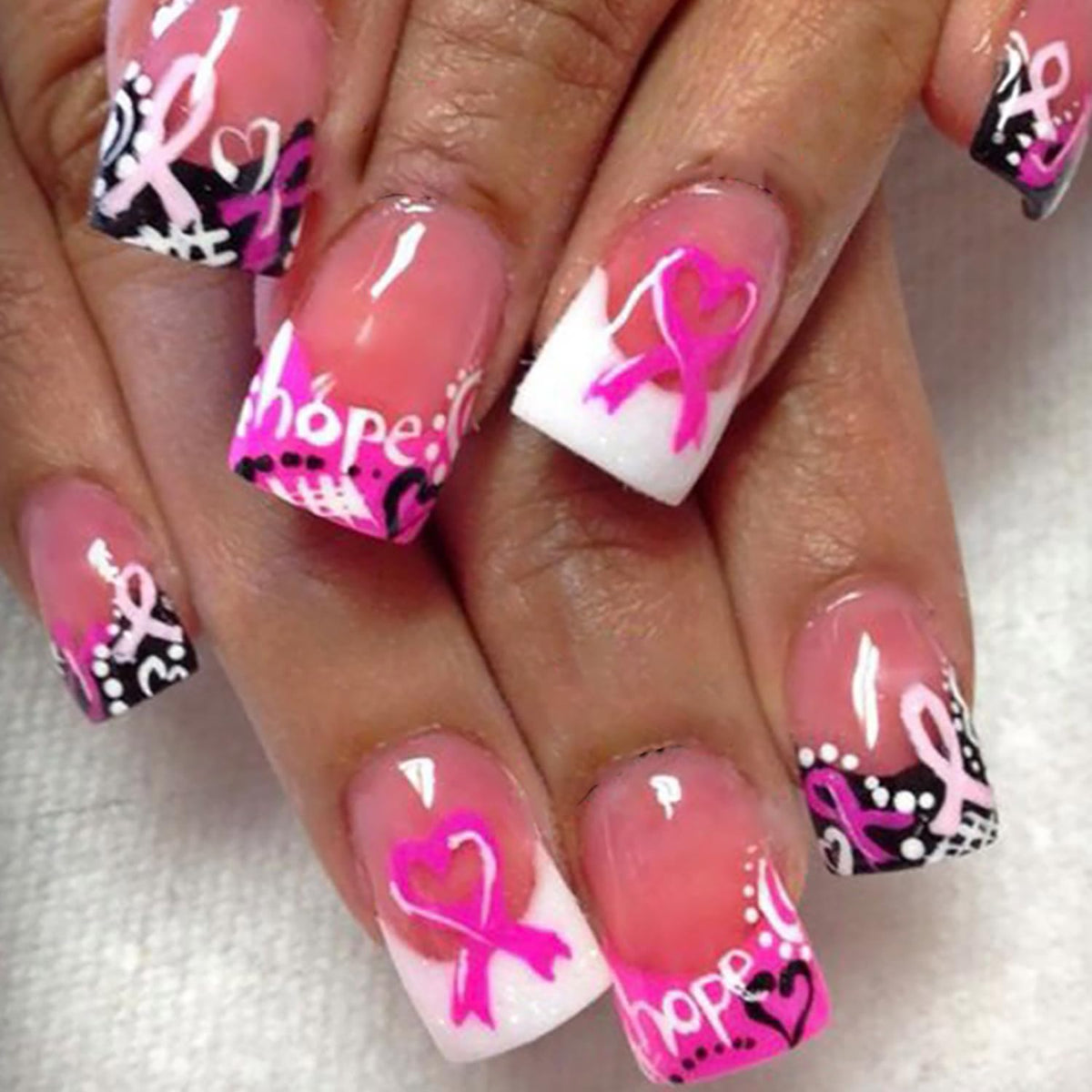 24Pcs Pink Ribbon Press on Nails Short Square Fake Nails Breast Cancer Press ons French Tip False Nails Breast Cancer Awareness 