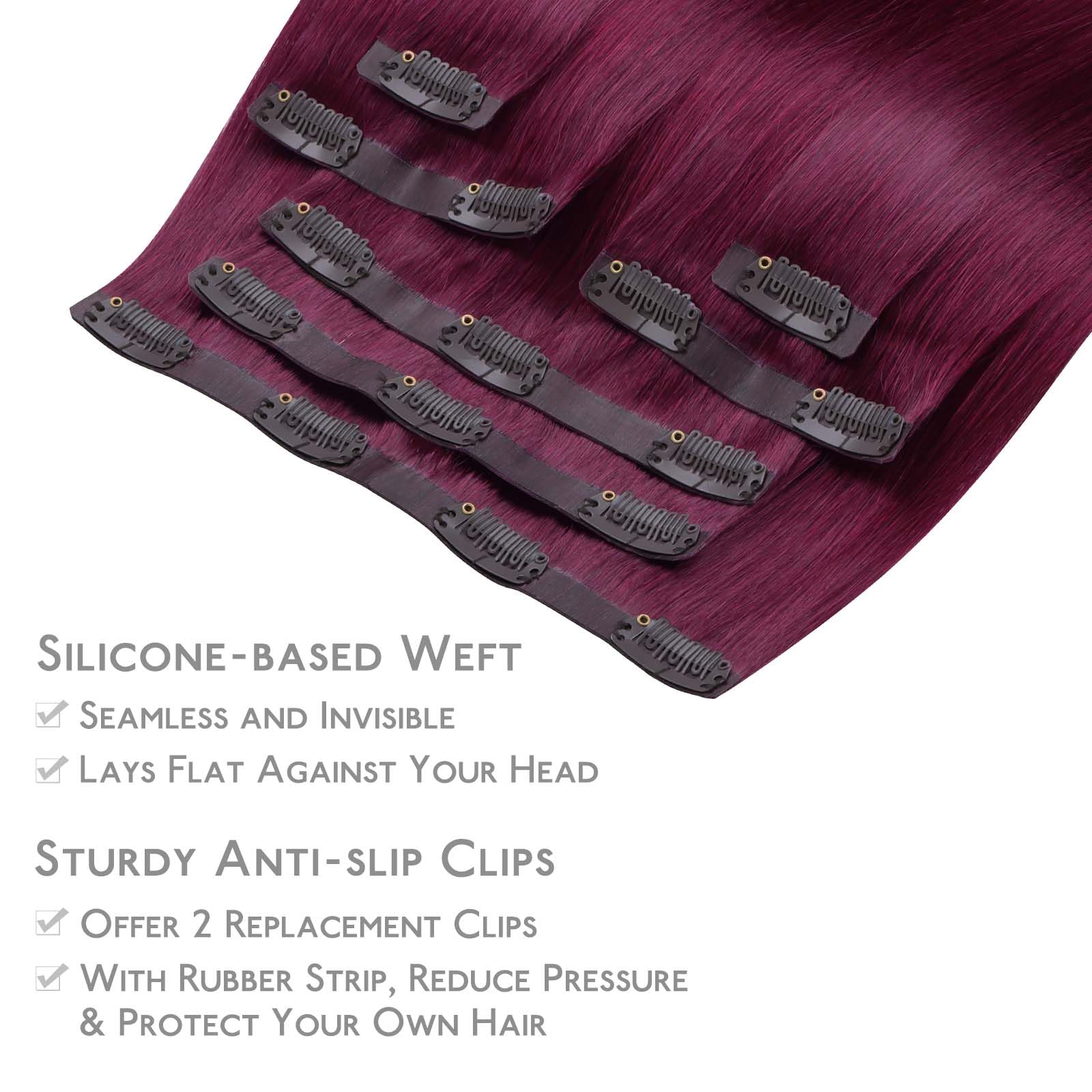 Wennalife Seamless Clip In Hair Extensions Human Hair, 18 Inch 130G 7Pcs Light Burgundy Real Hair Extensions Clip In Human Hair