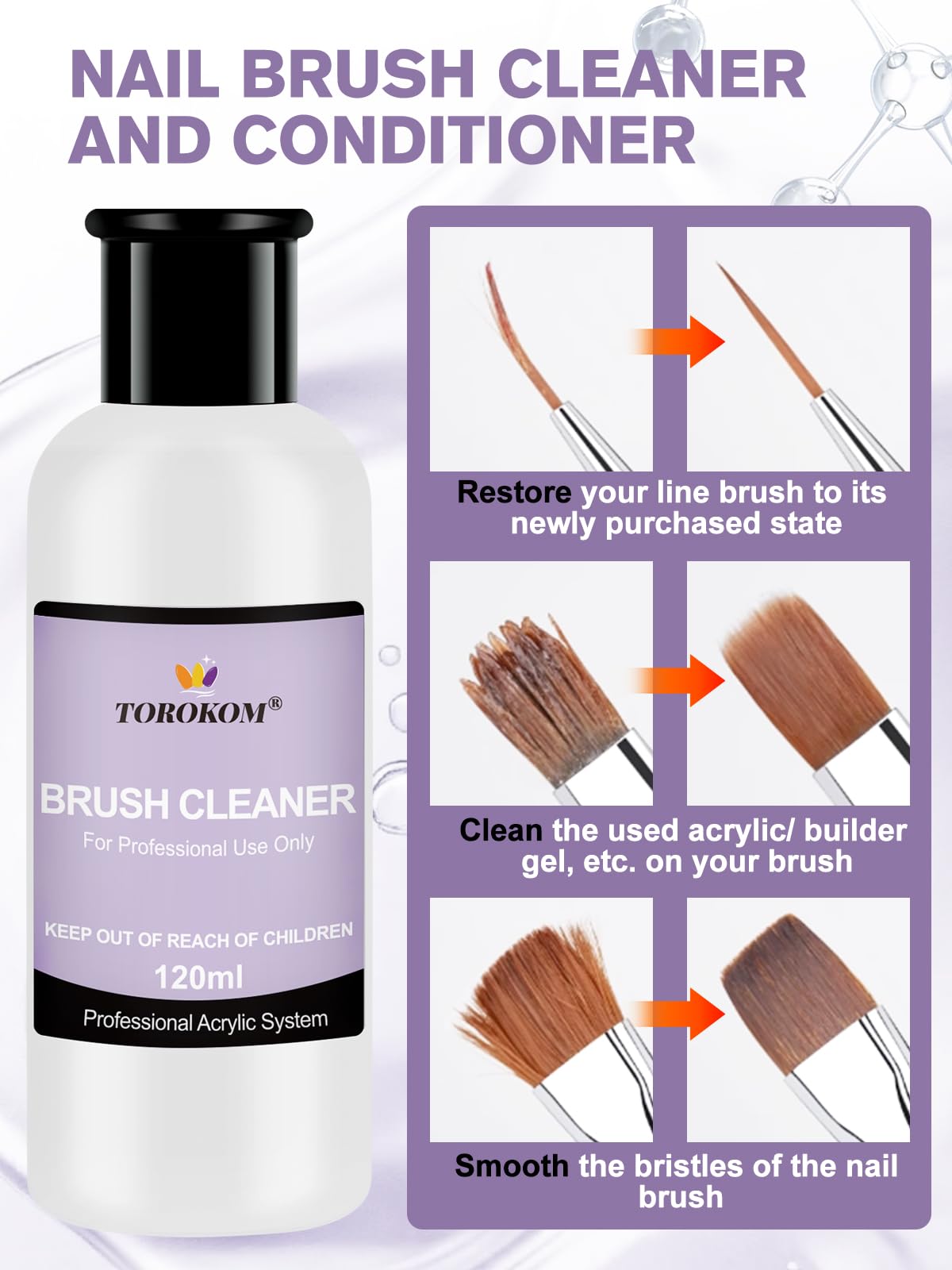 TOROKOM Acrylic Nail Brush Cleaner, 4 OZ Acrylic Brush Cleaner Nail Brush Cleaner Conditioner with Dappen Dish and Scrub Brush f