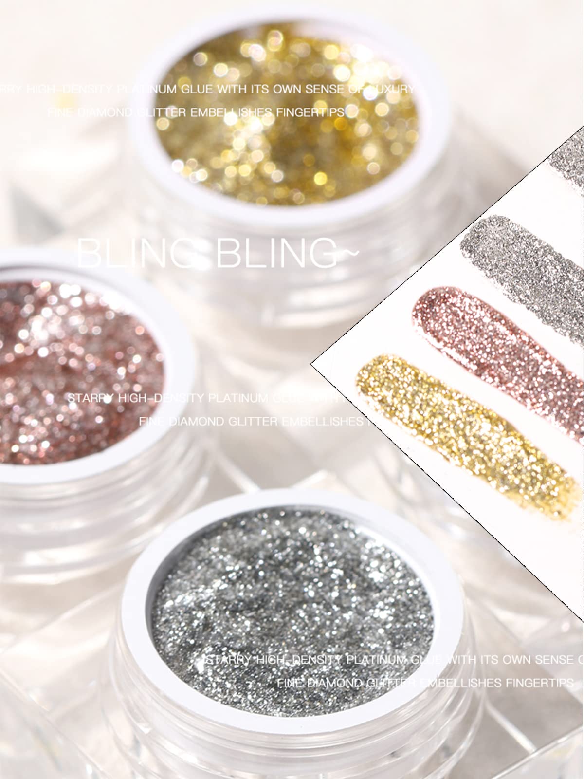 Gorvalin 3 Boxes Glitter Gel Nail Polish, 3D Gold Silver Rose Gold Nail Art Painted Liner Gel Nail Polish Holographic Chrome Spa