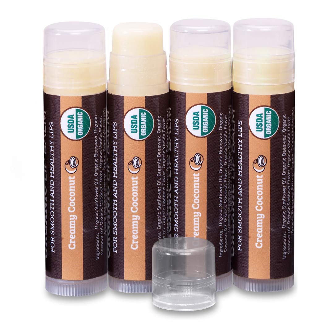 Usda Organic Lip Balm 4-Pack By Earth'S Daughter - Creamy Coconut Flavor, Beeswax, Coconut Oil, Vitamin E - Best Lip Repair Chap