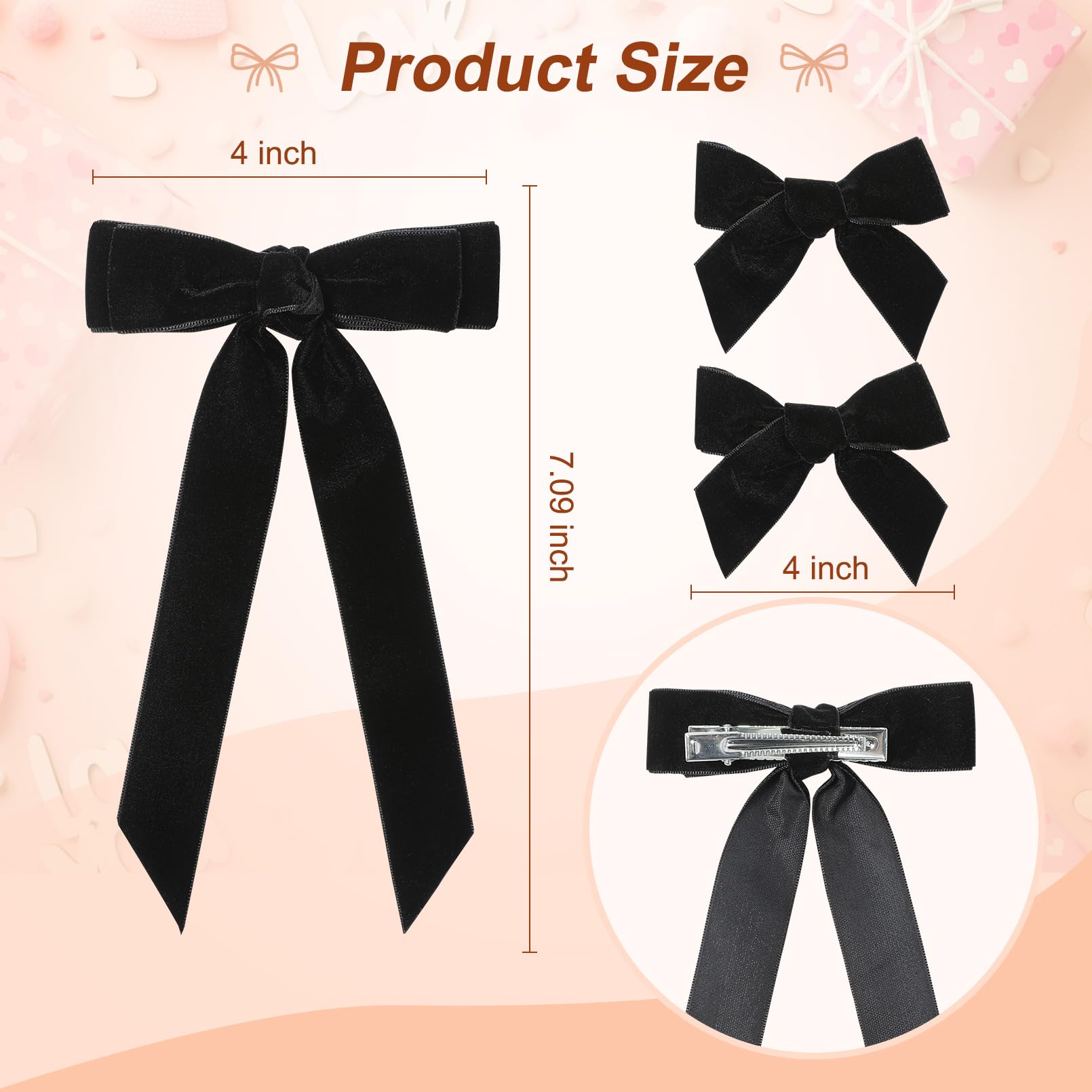 3Pcs Velvet Hair Bow Black Hair Ribbon Clips For Women Girls Fall Alligator Hair Clips Hair Accessories Toddlers Kids Teens