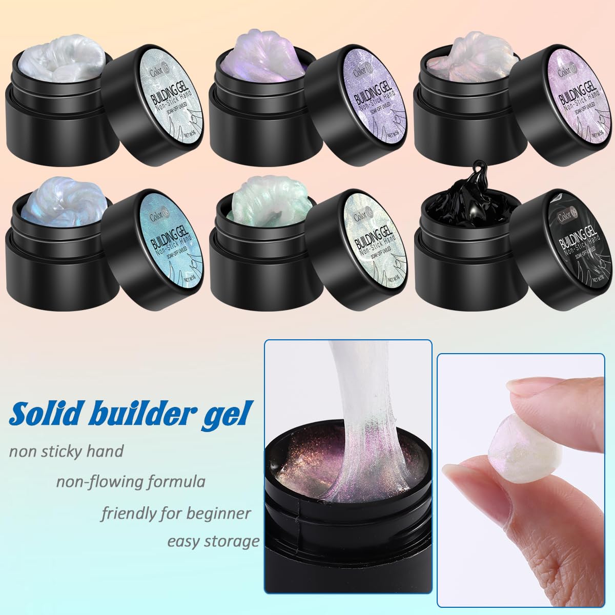 Fcozpjk Solid Builder Gel Kit - 6 Colors Non-Sticky Aurora Blue Pink Pearl White With Silicone Carving Pen for Nails, Hard 3D Sc