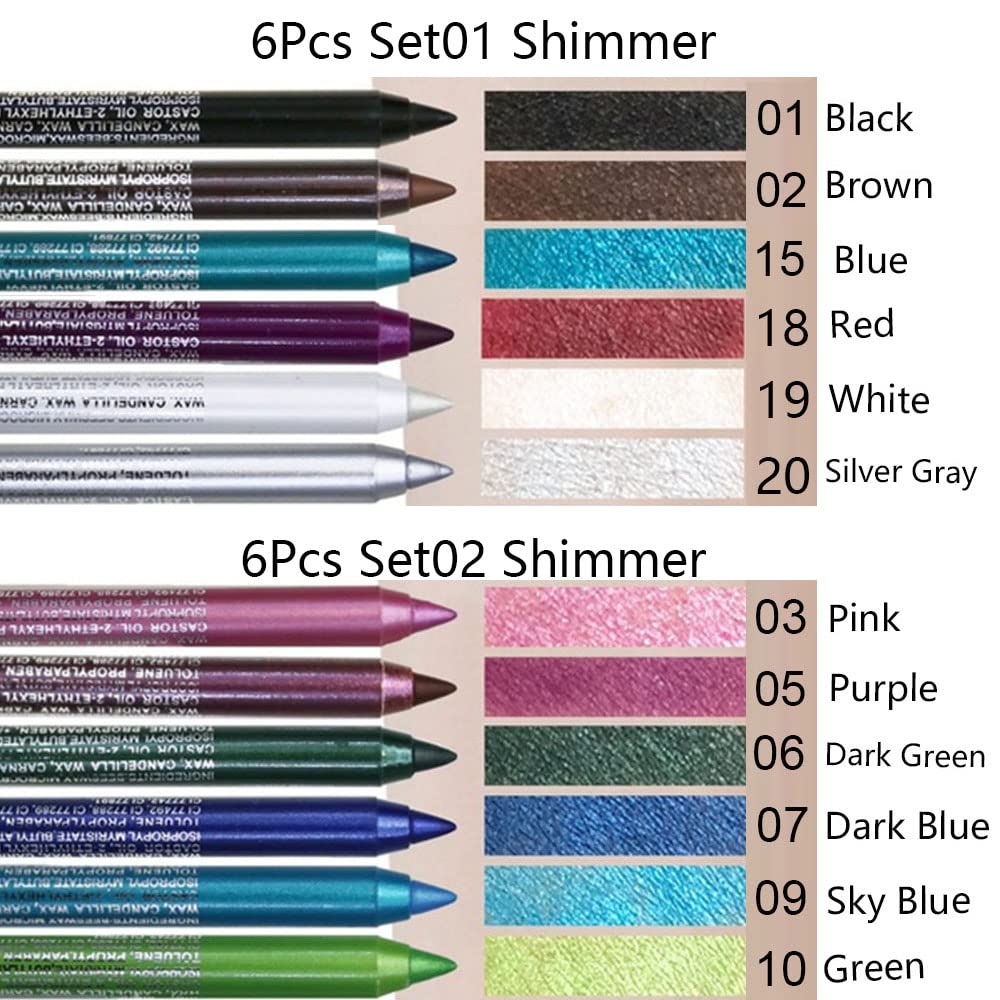 Evpct 6Pcs Blue Colored Glitter Eyeliner Pencils Set Delineadores De Colores Para Ojos Ojos Contra El Agua Dark Light Blue Green