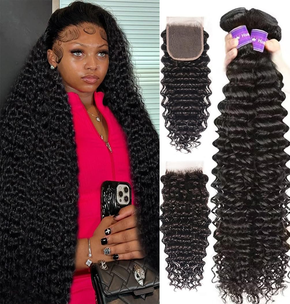 Brazilian Deep Wave Human hair Bundles with Closure (24 26 28 30 +22 Free Part) 12A 100% Unprocessed Virgin Deep Curly Weave 4 B