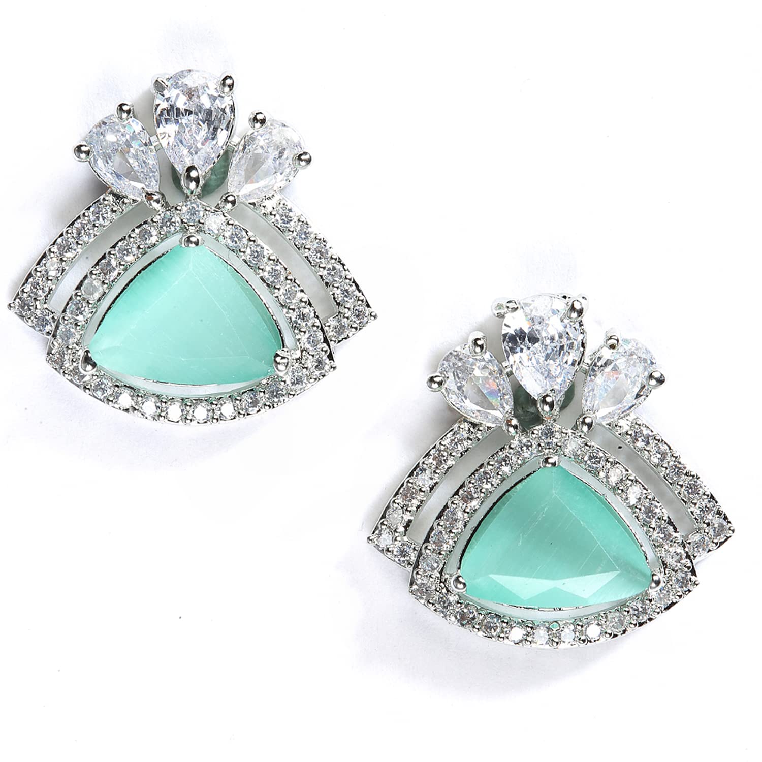 Zeneme Rhodium Plated American Diamond Studded Triangular Studs Earring Jewellery For Women and Girls (Sea Green)