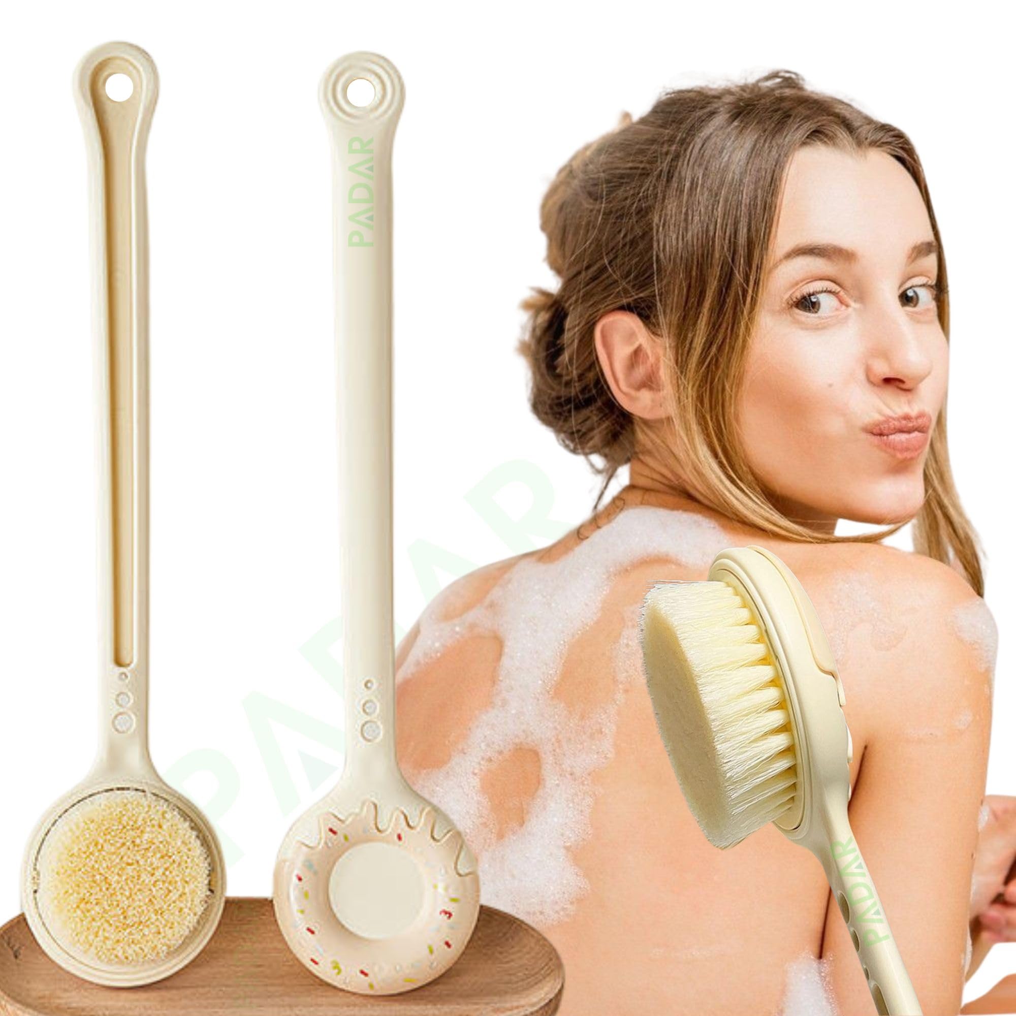 Padar Dry Back Scrubber For Bath - With Curved Plastic Long Handle Clear Shower Brush Dry Skin Hygienic Exfoliating Cellulite Ba