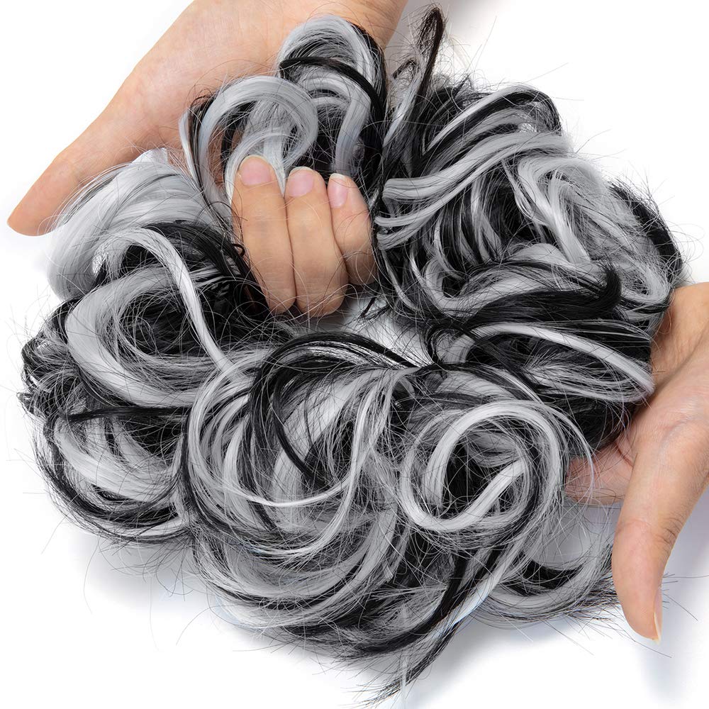 Lelinta Hair Bun Extensions Wavy Curly Messy Donut Chignons Hair Piece Wig Hairpiece Natural Black Mix Silver Grey