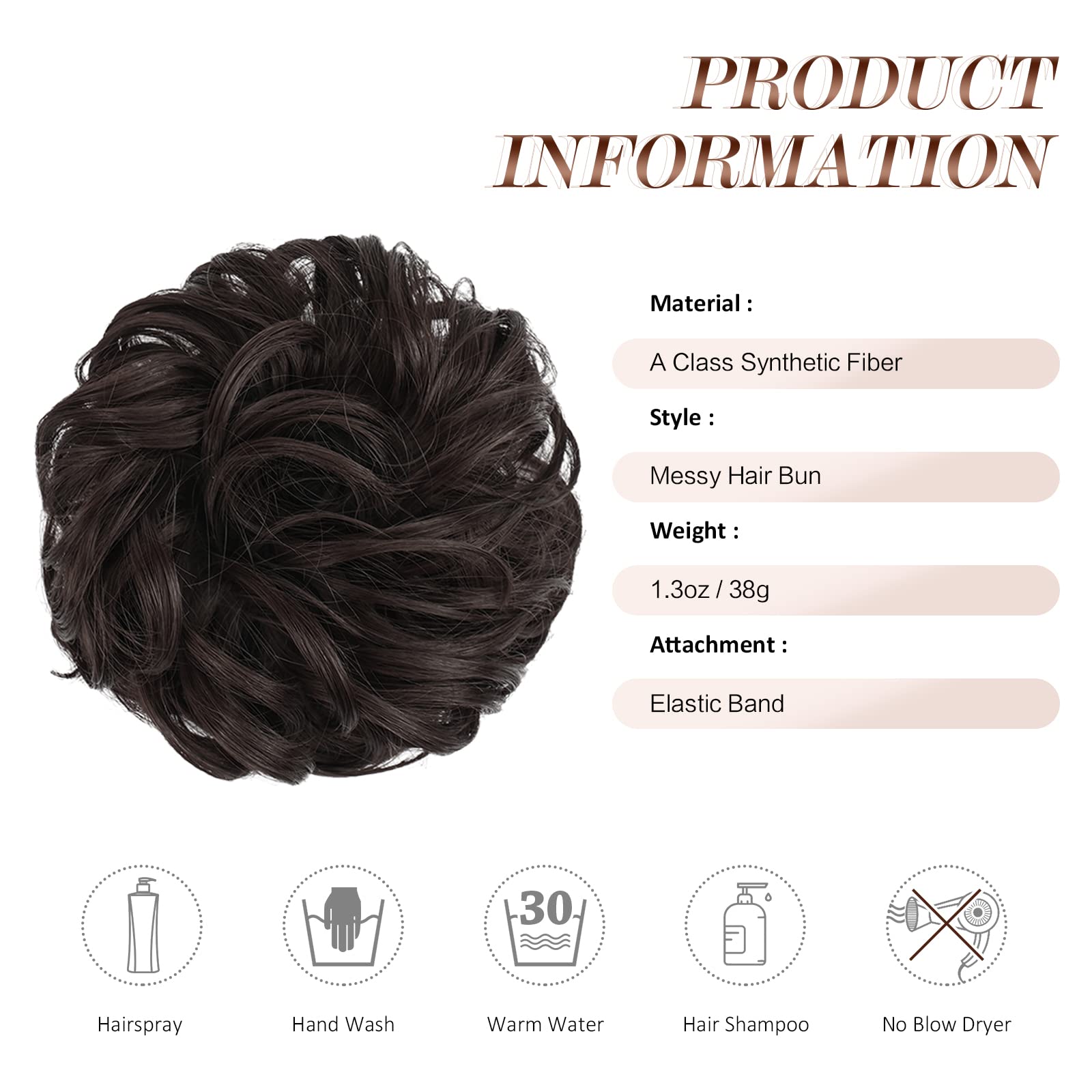 Feshfen Messy Bun Hair Piece Hair Bun Scrunchies Synthetic Medium Brown Wavy Curly Chignon Ponytail Hair Extensions Thick Updo H