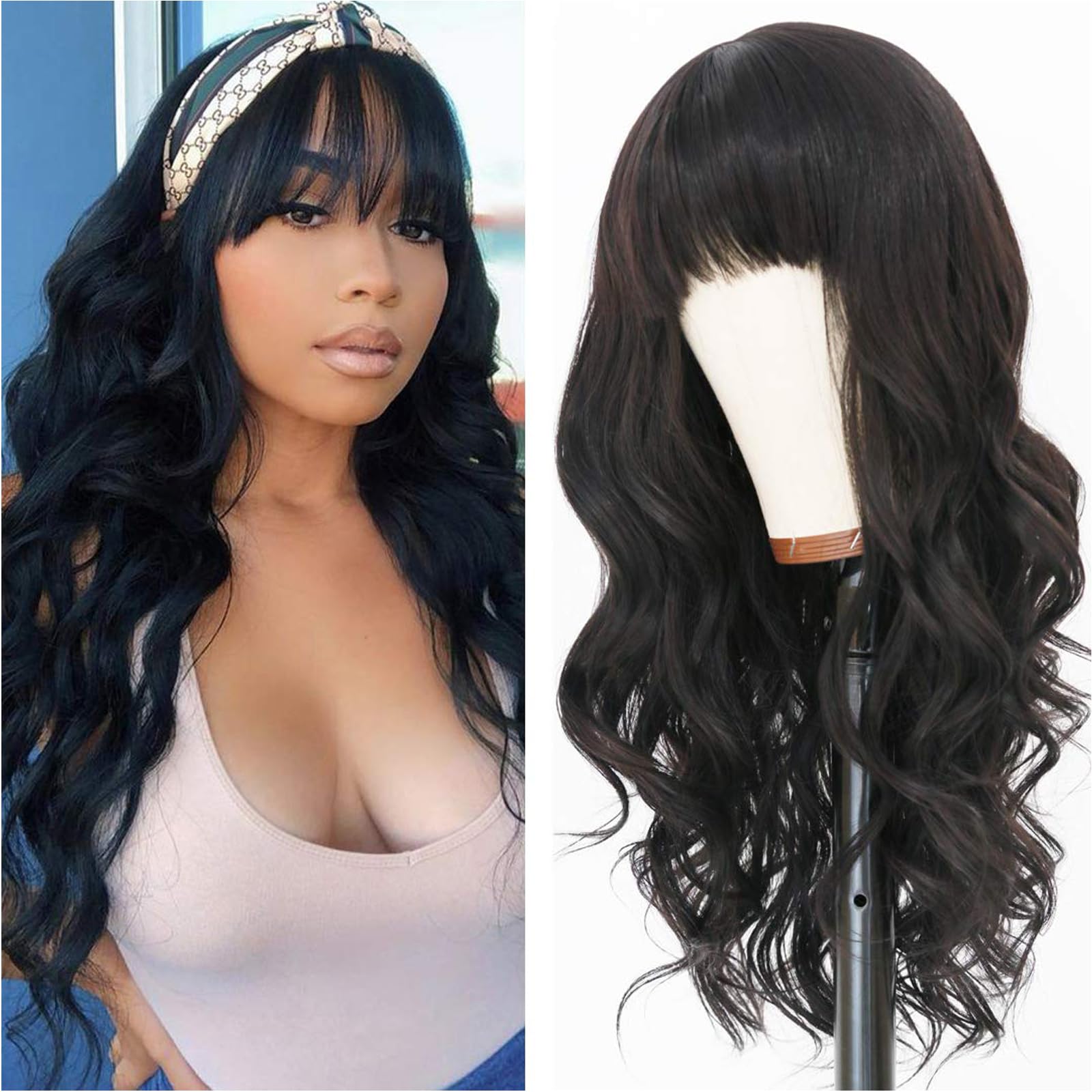 EVLYNN Wigs With Bangs Long Curly Wavy Wave Wig Synthetic Fiber Natural Black Hair Glueless Long Wig Full Machine None Lace Fron