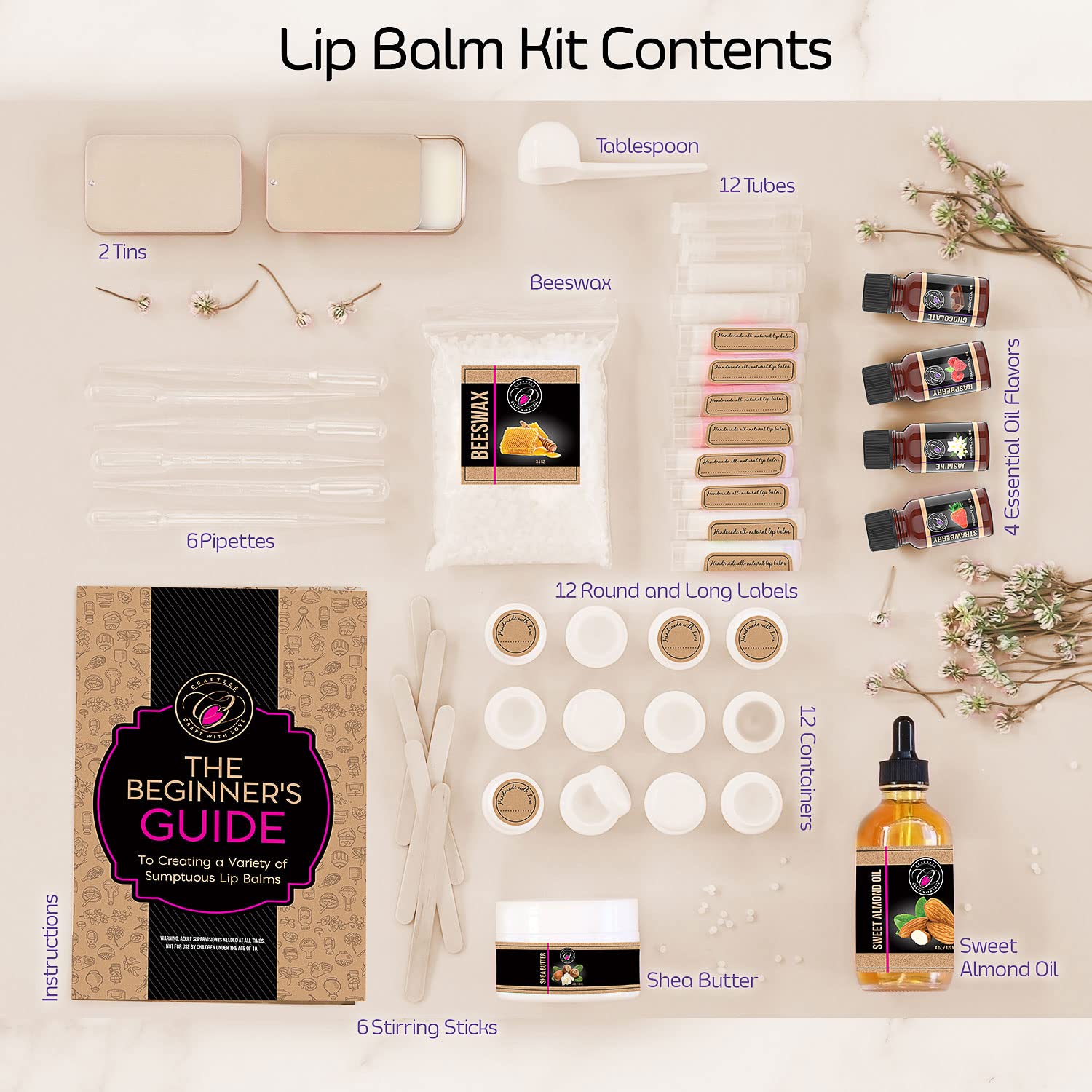 CraftZee Lip Balm Making Kit - DIY Lip Gloss Kit with Natural Beeswax Base, Shea Butter, Sweet Almond Oil, Essential Oils, Tubes