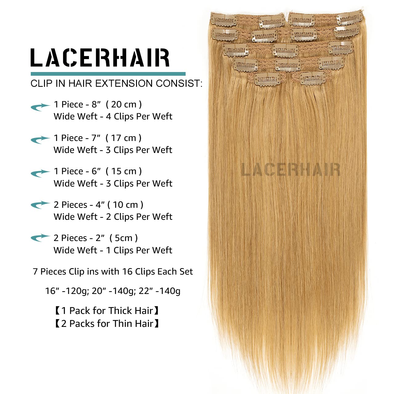 Lacer Hair Straight Hair Clip In Extensions Strawberry Blond 120G 7 Pieces Per Set Grade Quality Silky Straight Double Real Hair