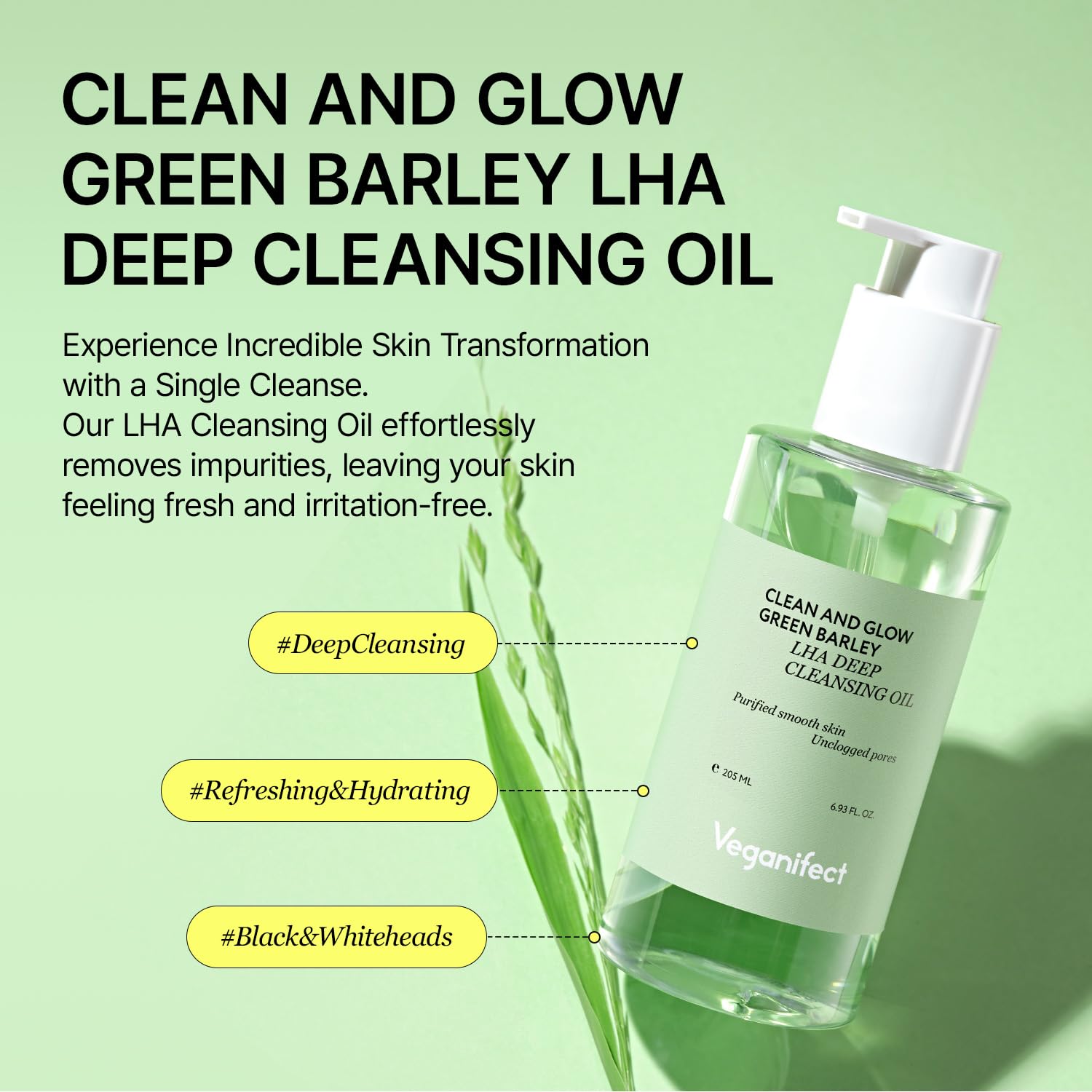 Veganifect Clean And Glow Green Barley Lha Deep Cleansing Oil, Vegan Certified, Removing Heavy Makeup, Blackhead And Whitehead,