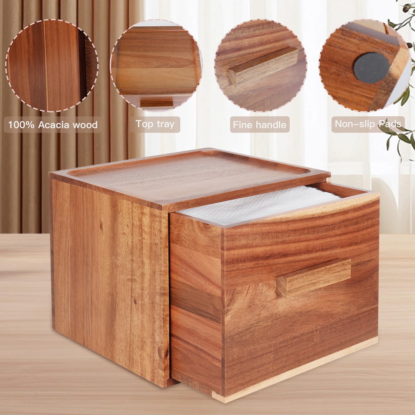 Disposable Face Towel Holder, Acacia Wooden Face Towel Container Compatible with Clea Skin Club Clean Towels XL, Drawer Storage